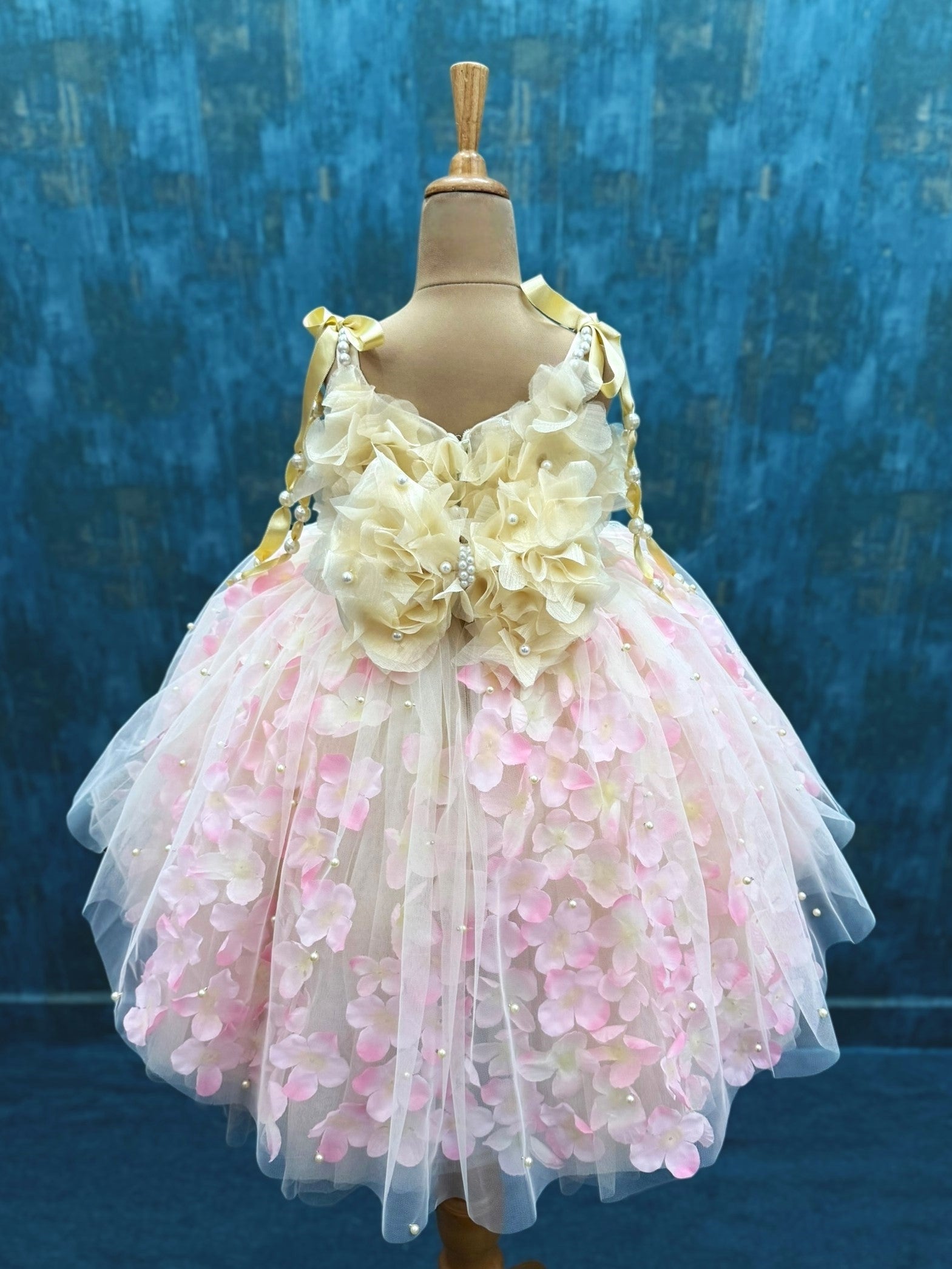 Buttercream high low Bloom Dress with 3d flowers