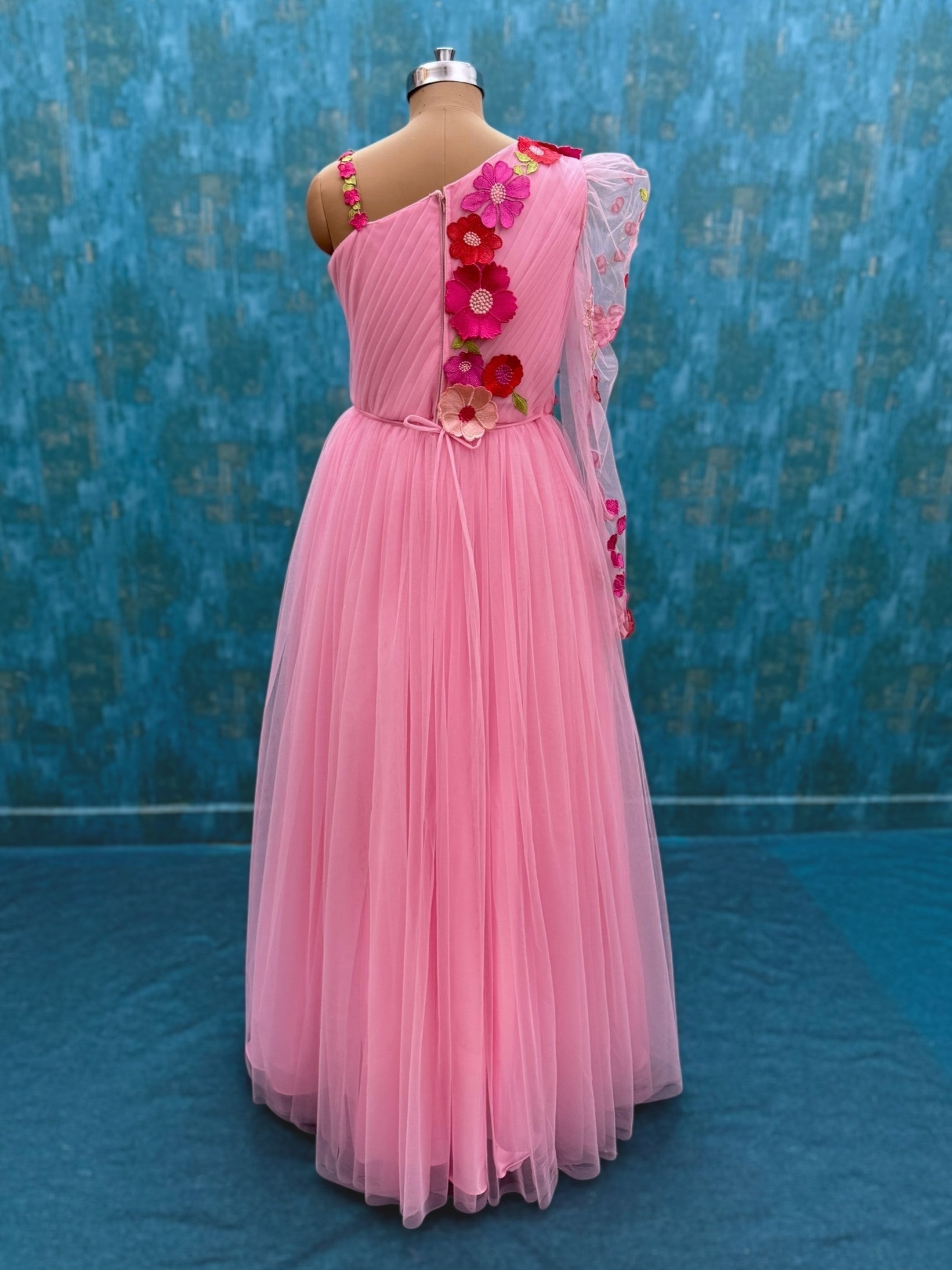 Floral One Shoulder Draped Gown with One side Puff sleeves