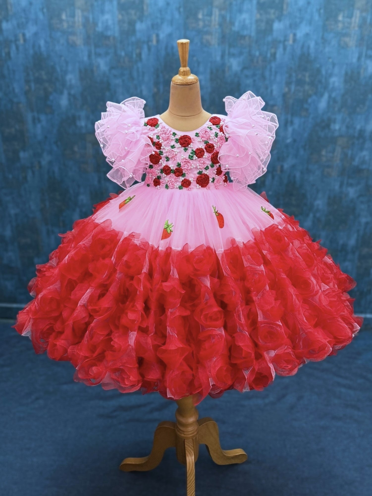 pink and Strawberry Blossom rosalina Princess ball gown with ribbon work top