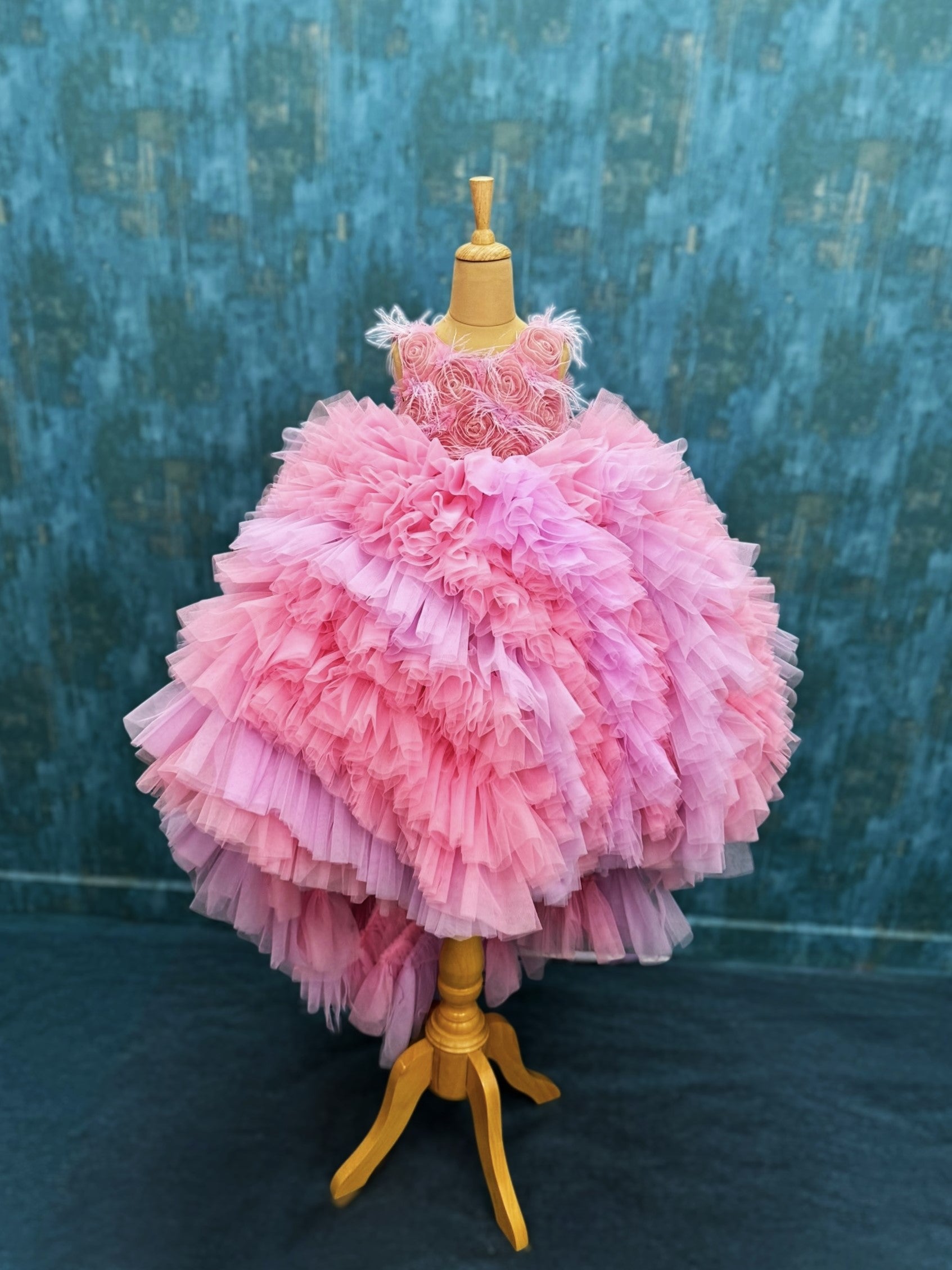 Blush Rose Pink ruffle floral ball gown with attached trail