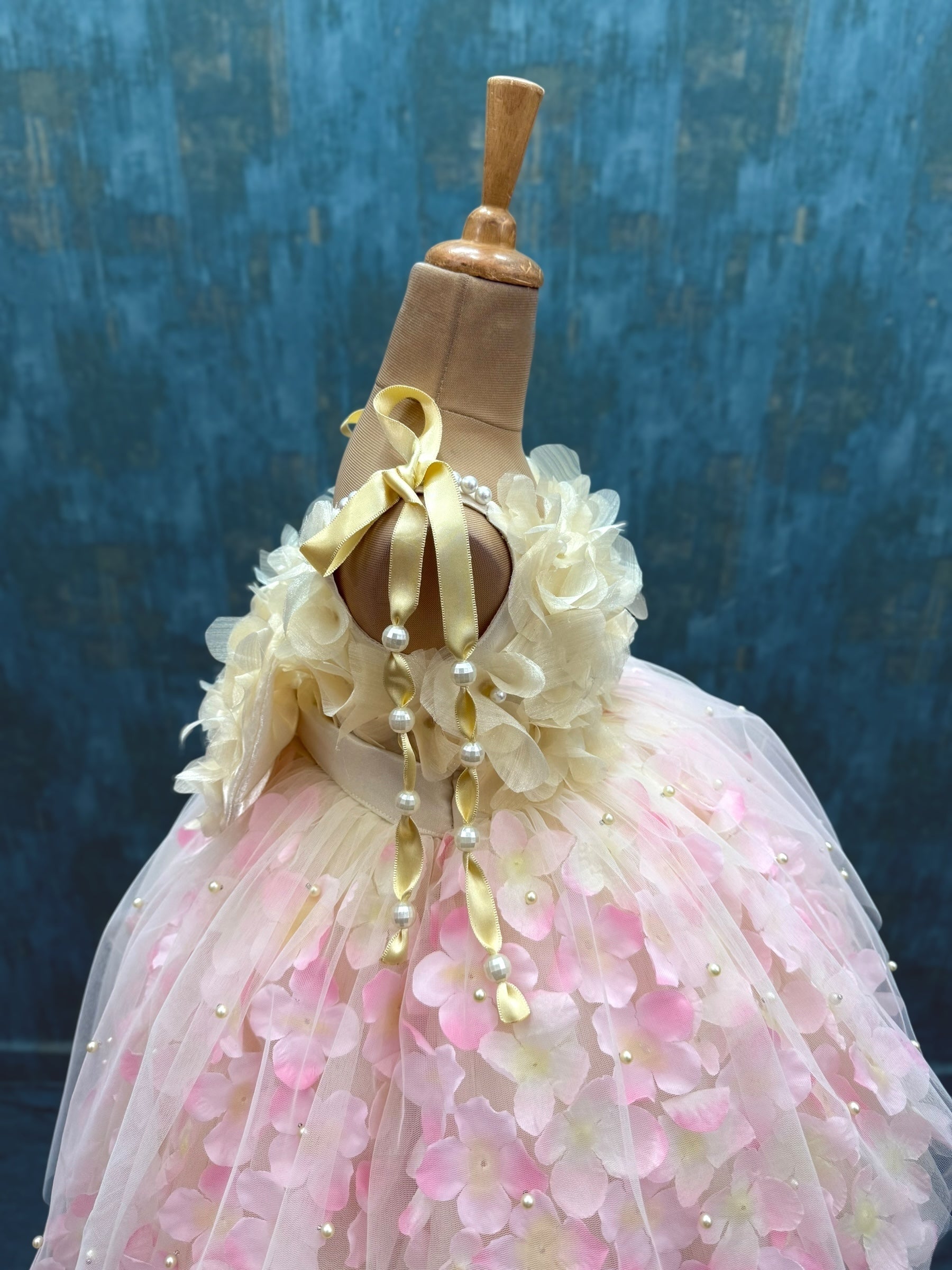 Buttercream high low Bloom Dress with 3d flowers