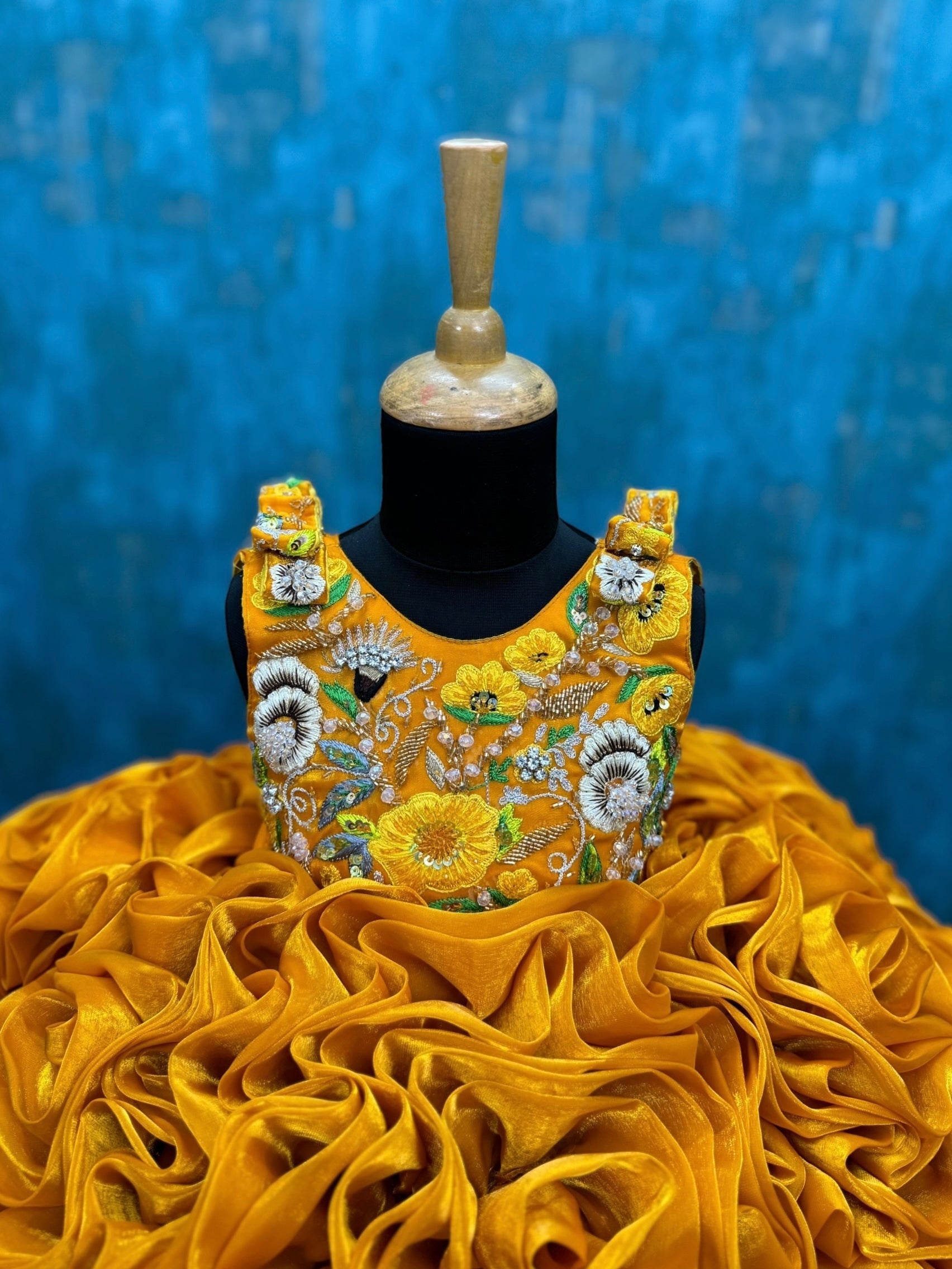 Golden Marigold Bloom Royale Hand-Embroidered Ruffle Princess Celebration Gown