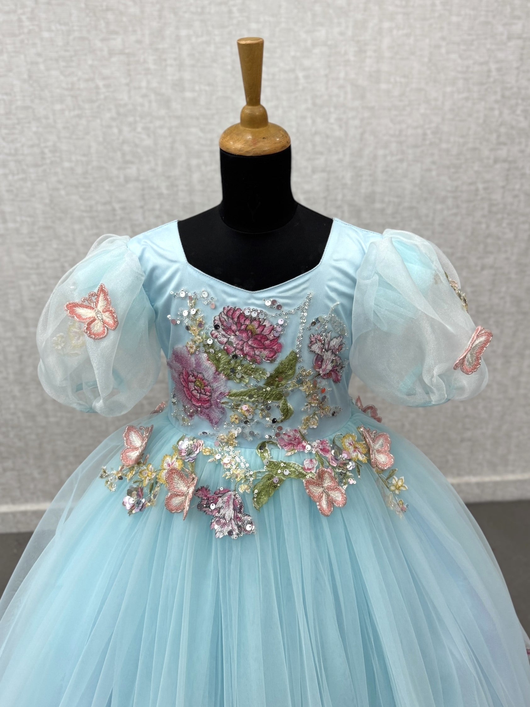 Girls Party Wear Online, Light Blue Puff Sleeve Ball Gown