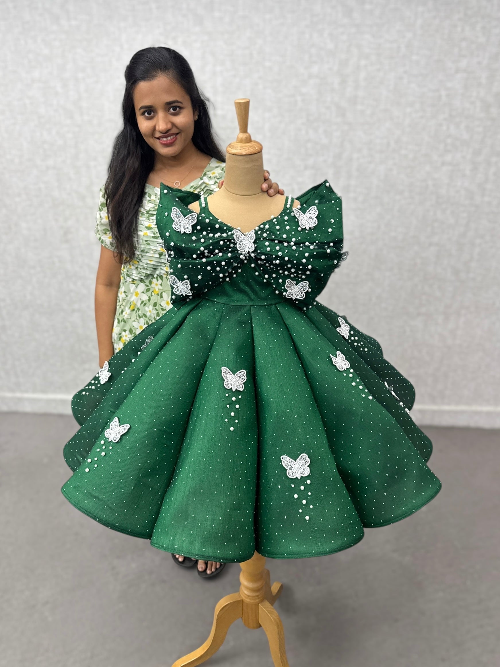 Royal Green Butterfly Pearl-Studded Silk-Textured Party Princess Ball Gown