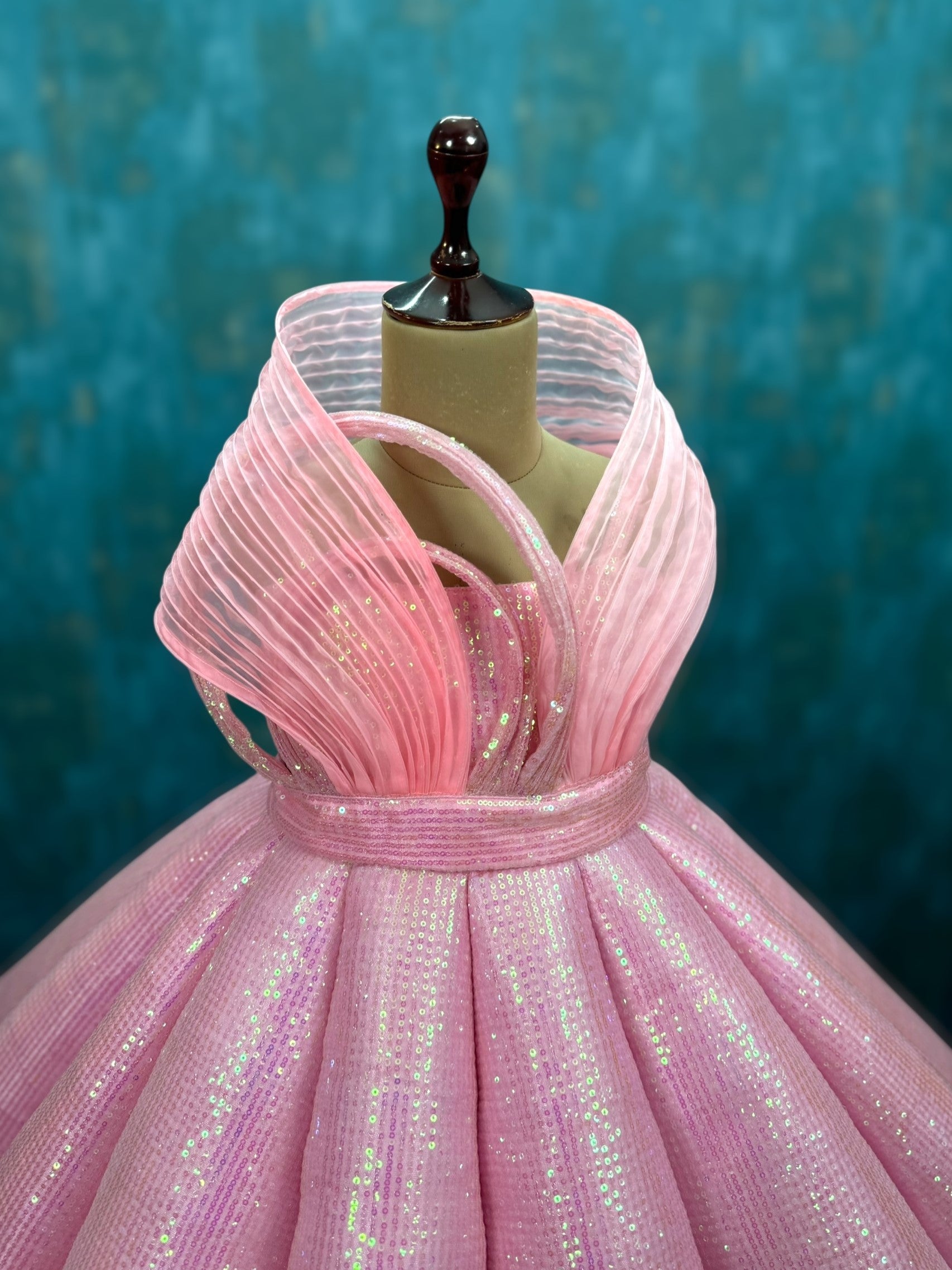 pink rainbow sequenced panel ball gown with structured detachable belt
