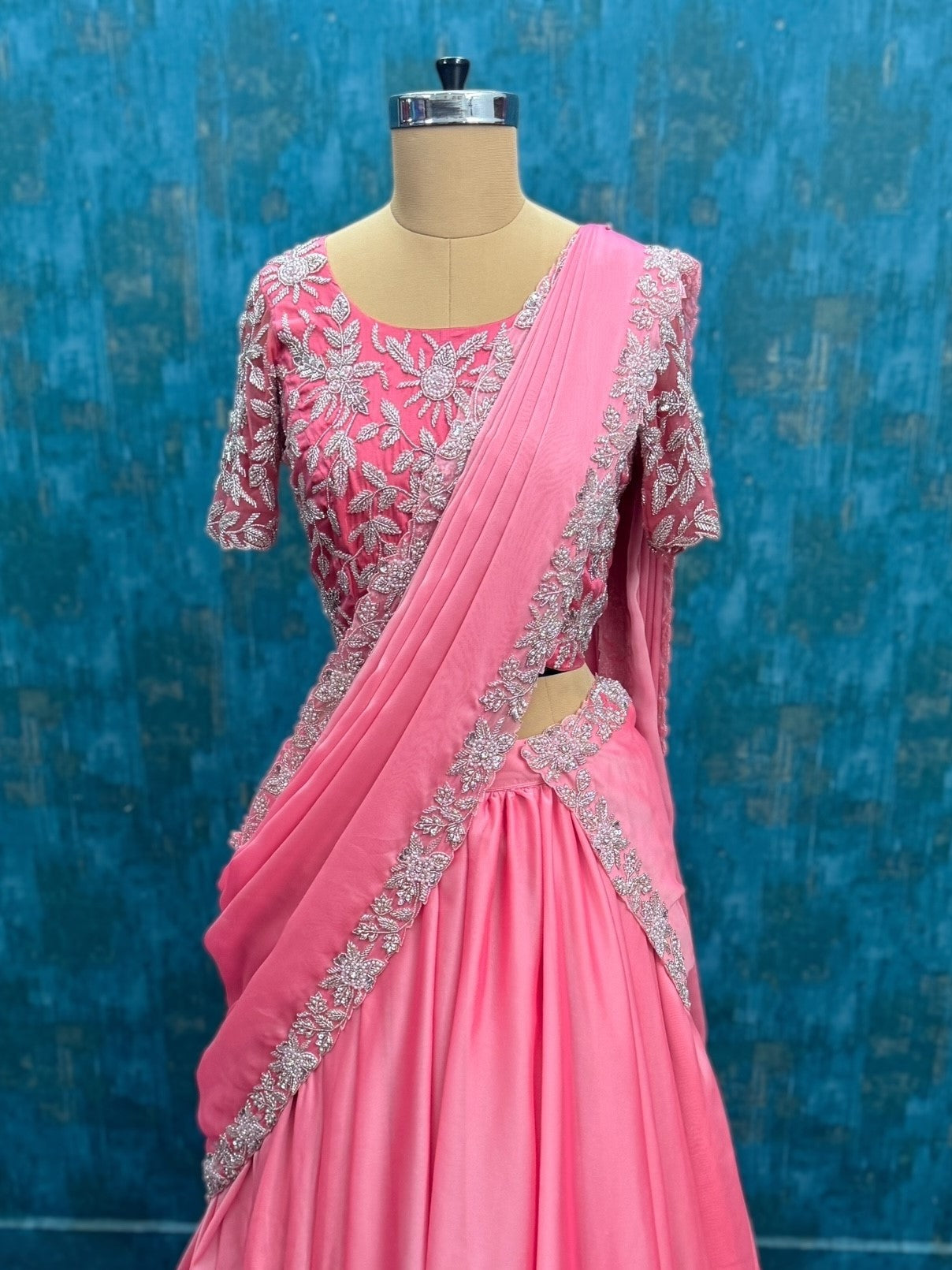 Petal Pink Silver Vine Hand-Worked Saree-Style Lehenga Couture with Soft Layered Flowing Hem