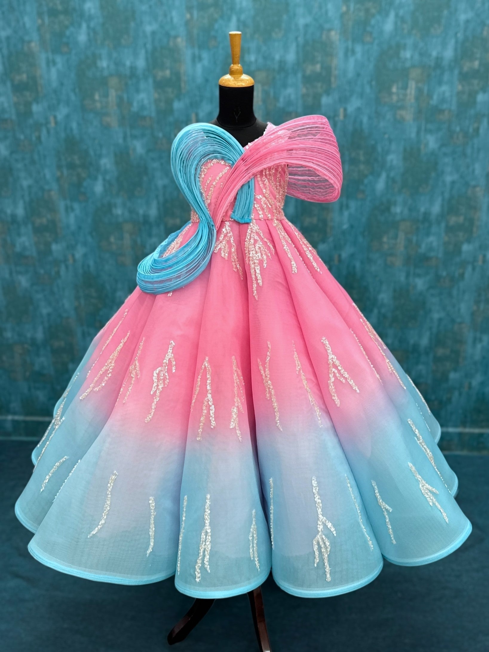Designer Gown for Girl Online, Pink & Blue Ombre Sculptural Ball Gown