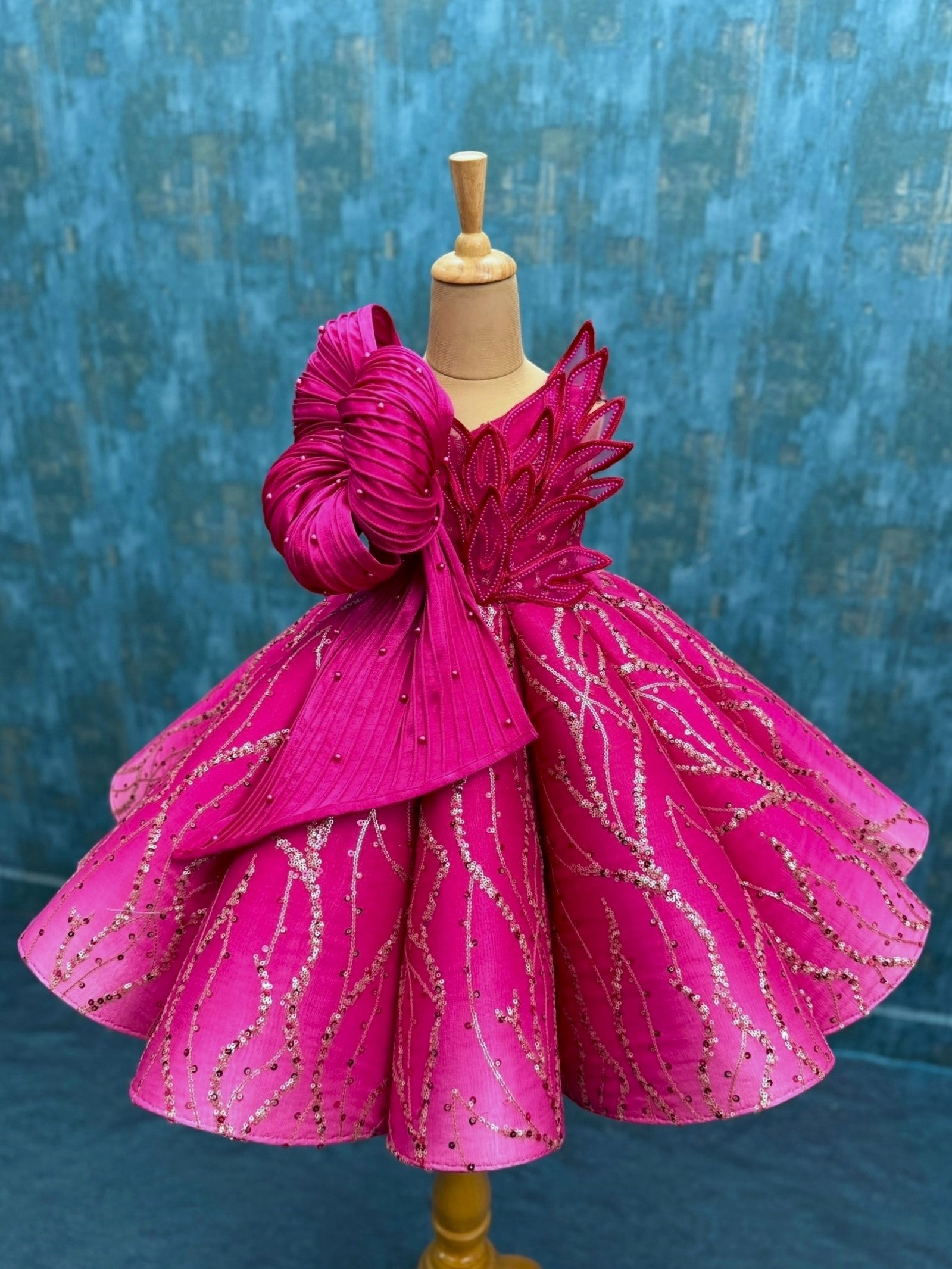 Pink Ombre Structured Panel Ball Gown with Embossing Bows and Hand Embroidered Petals