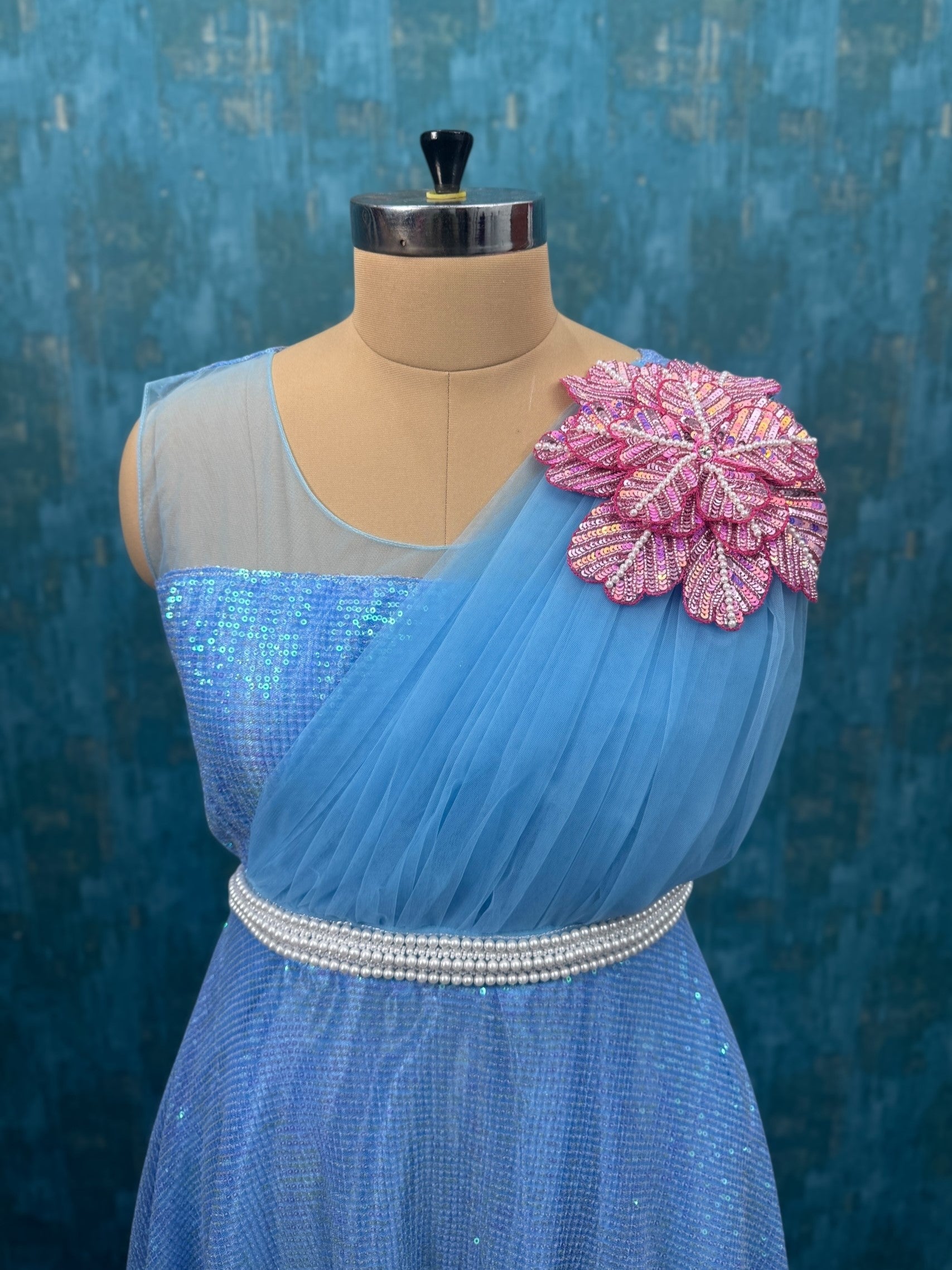 Azure Moonbeam Blossom Hand-Embroidered Sequin Tulle Couture Princess Dress