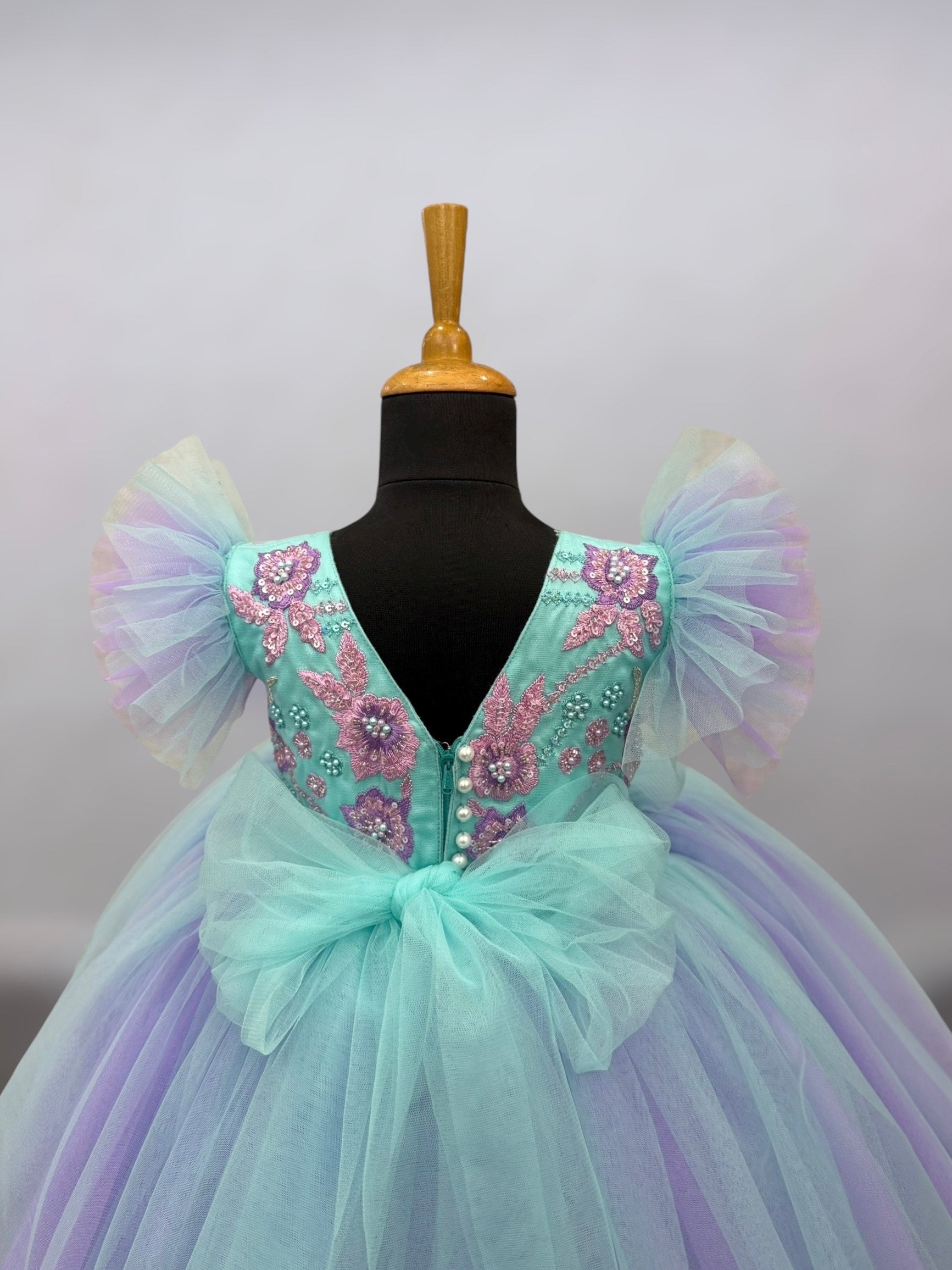 Turquoise and Lavender Tulle Floral Gown with intricate hand work