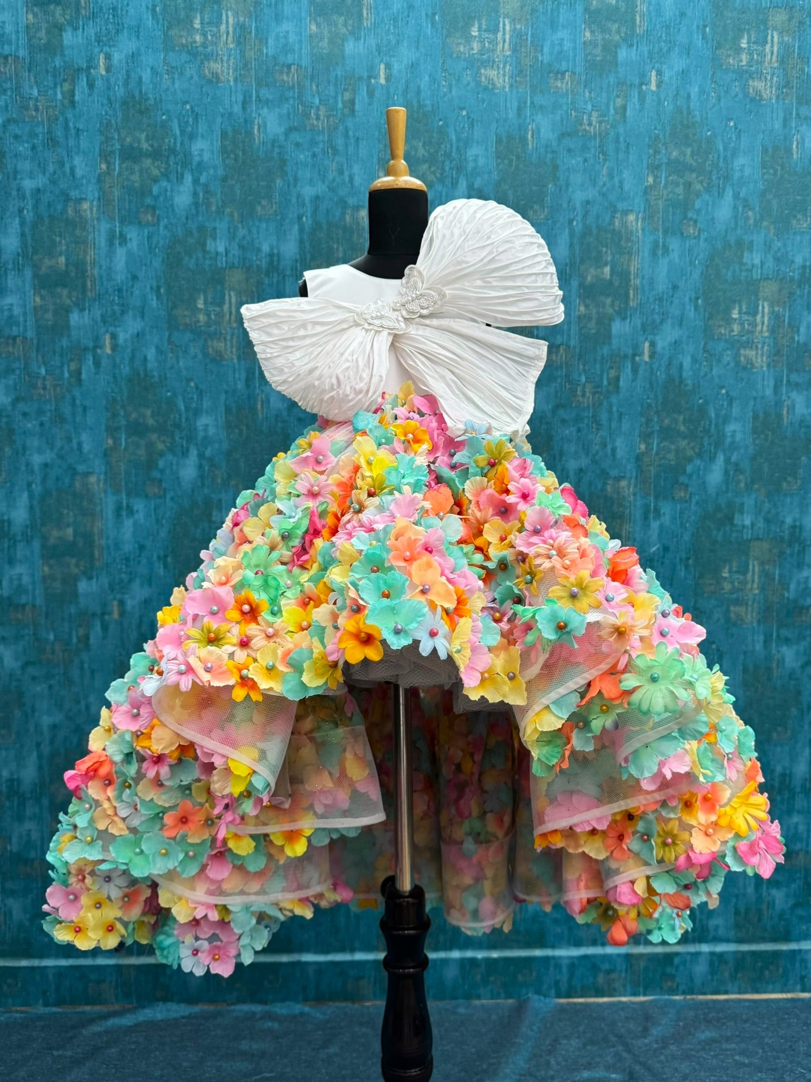 Multi Colour High Low Floral Gown With Structured Bow Top