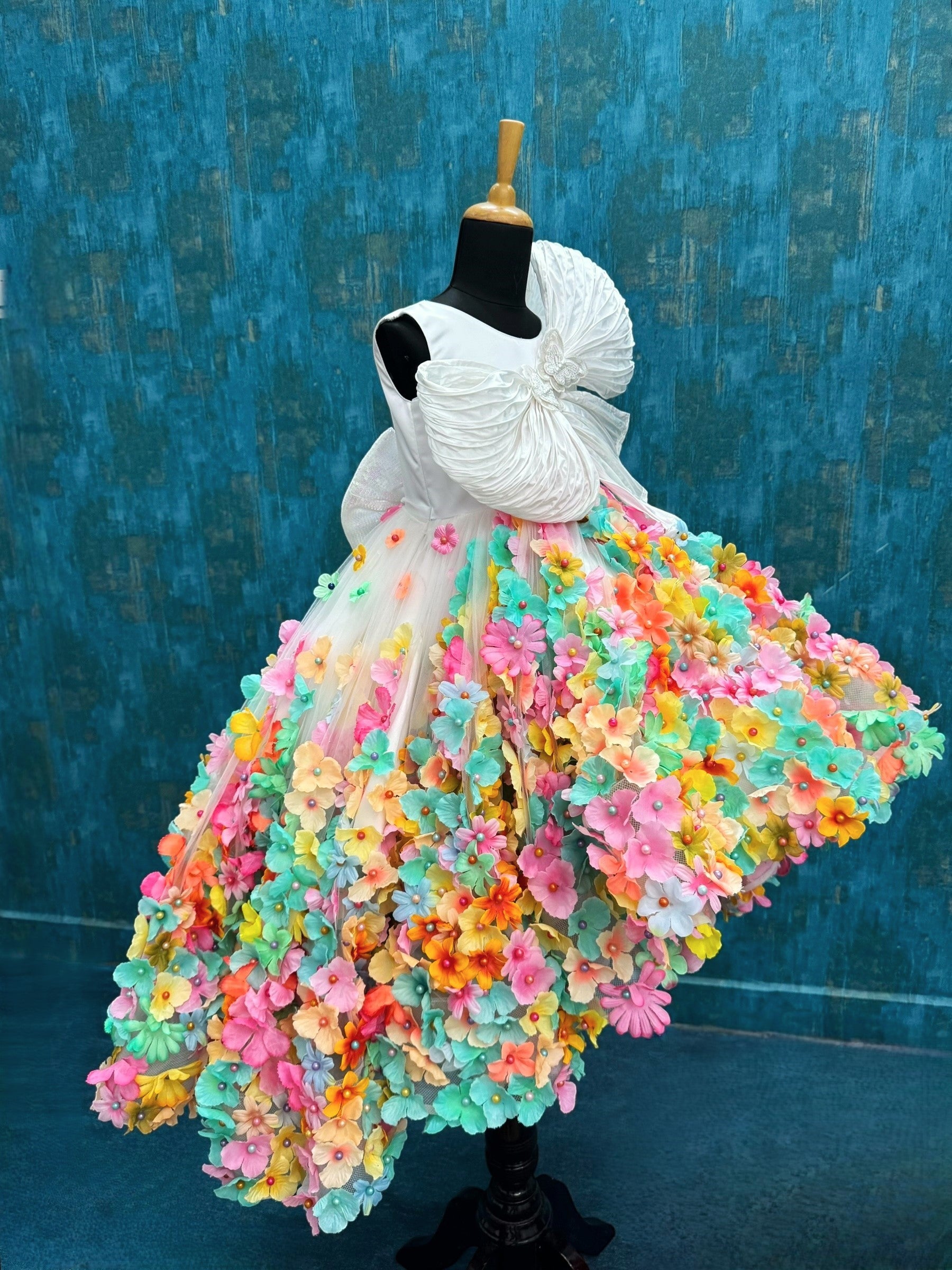 Multi Colour High Low Floral Gown With Structured Bow Top