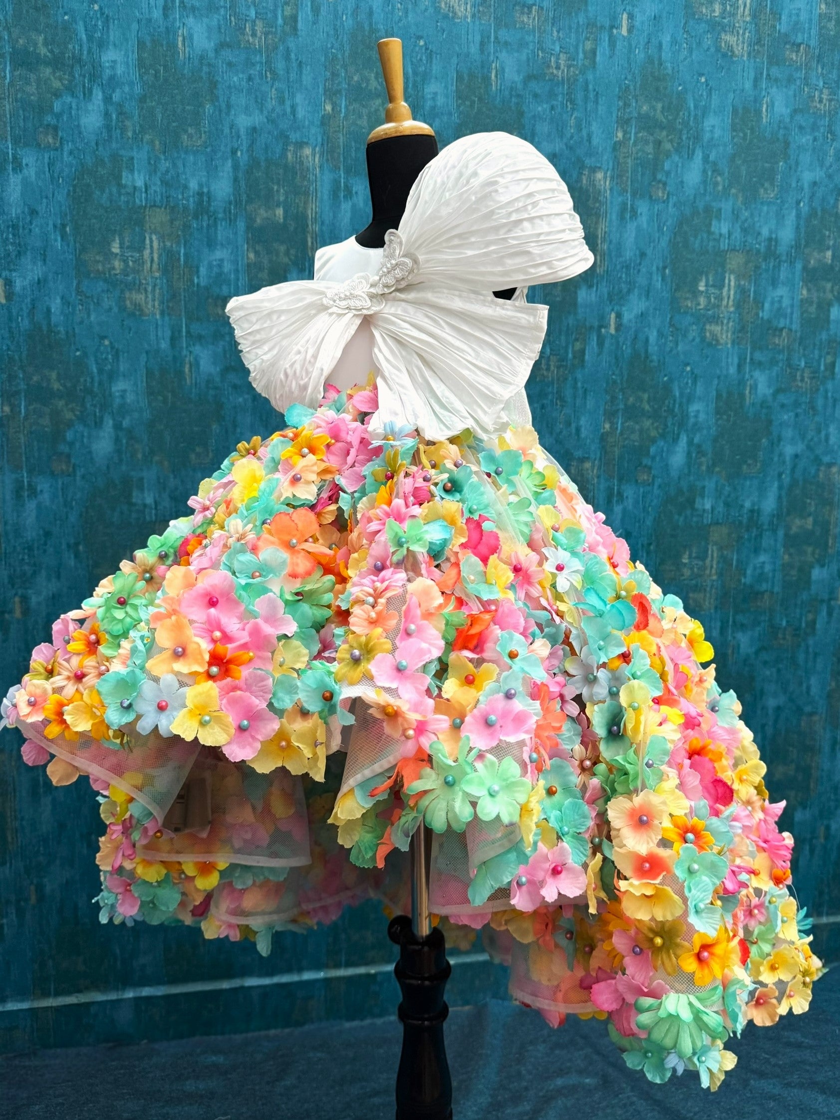 Multi Colour High Low Floral Gown With Structured Bow Top