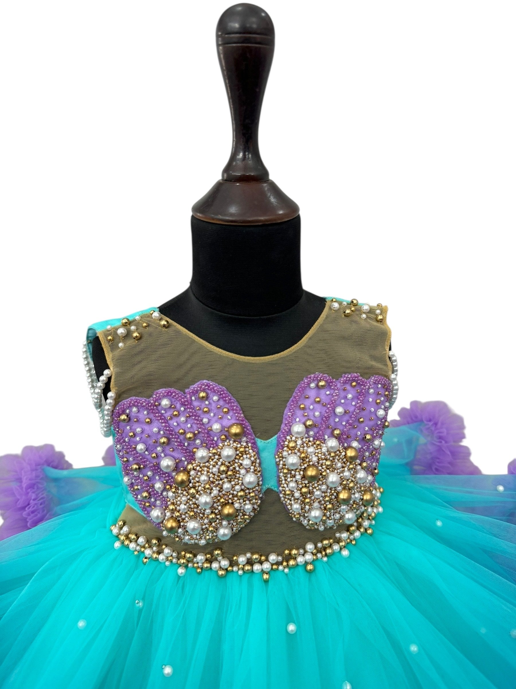 Turquoise And Lavender Mermaid Gown With Ruffle Layers