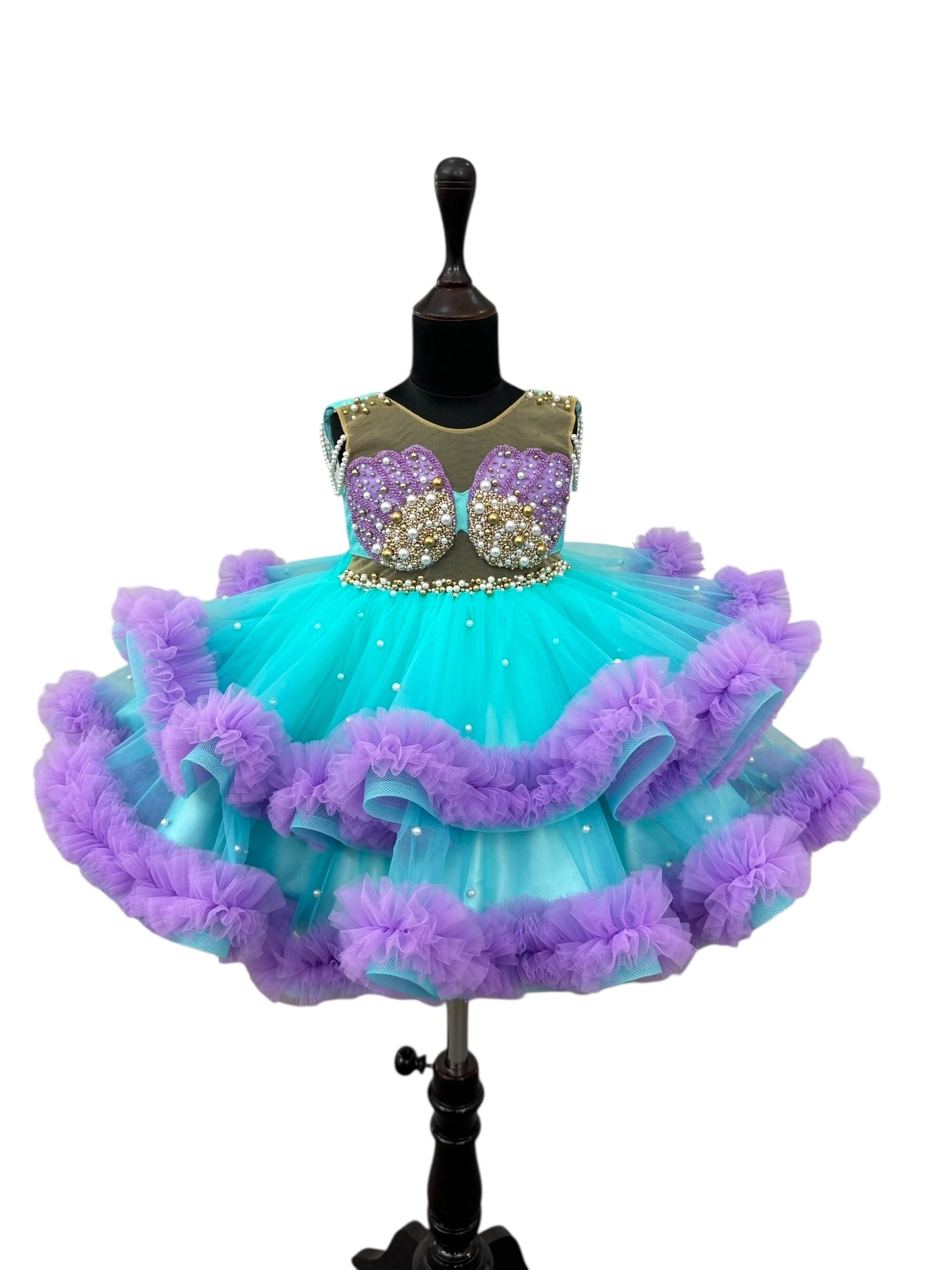 Turquoise And Lavender Mermaid Gown With Ruffle Layers