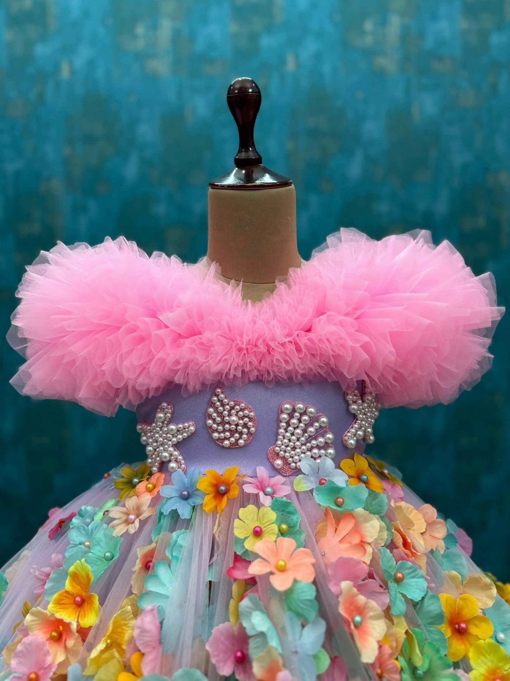 Multi Colour Floral High Low Gown with Pink Ruffle Top