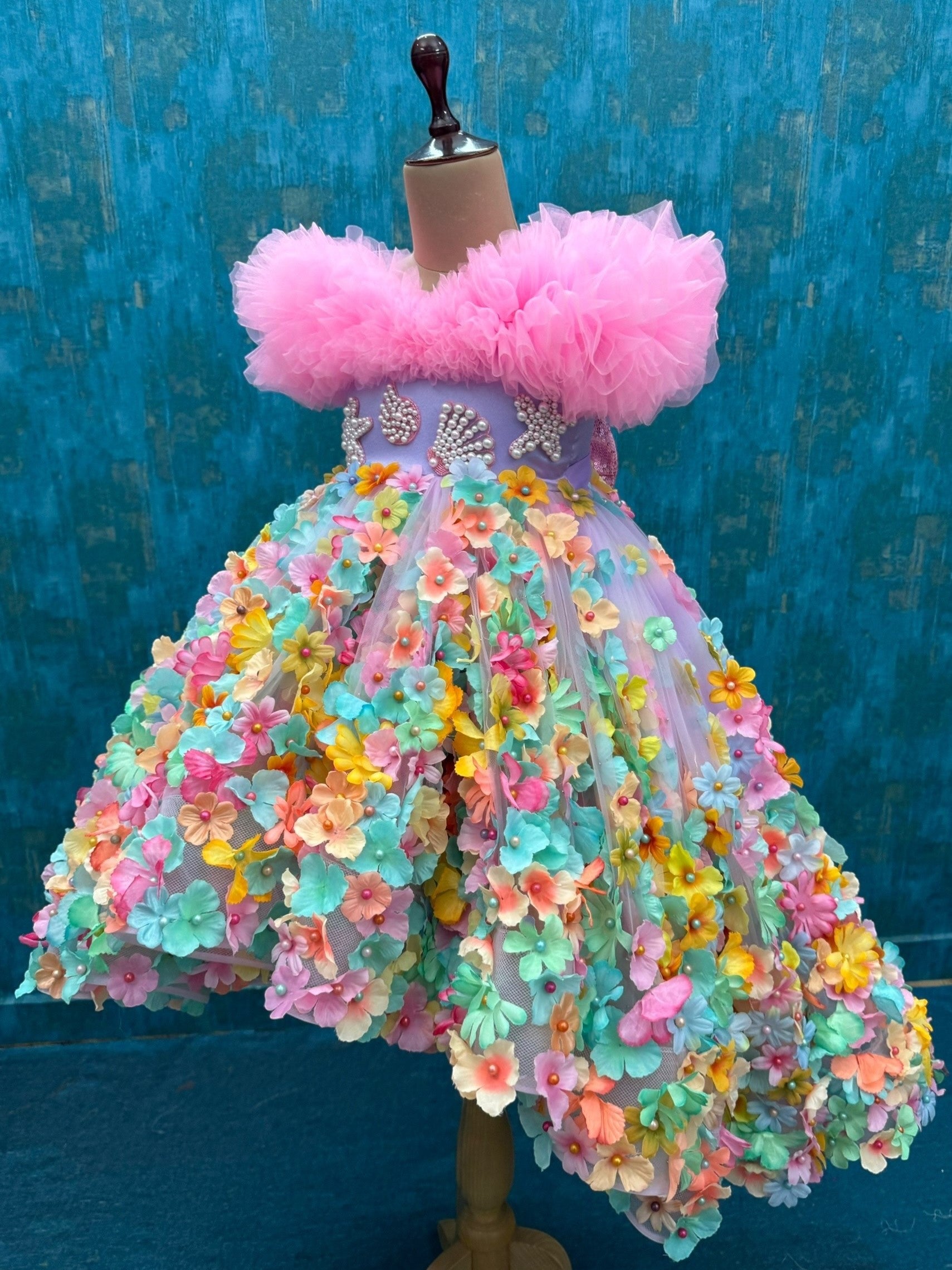 Multi Colour Floral High Low Gown with Pink Ruffle Top