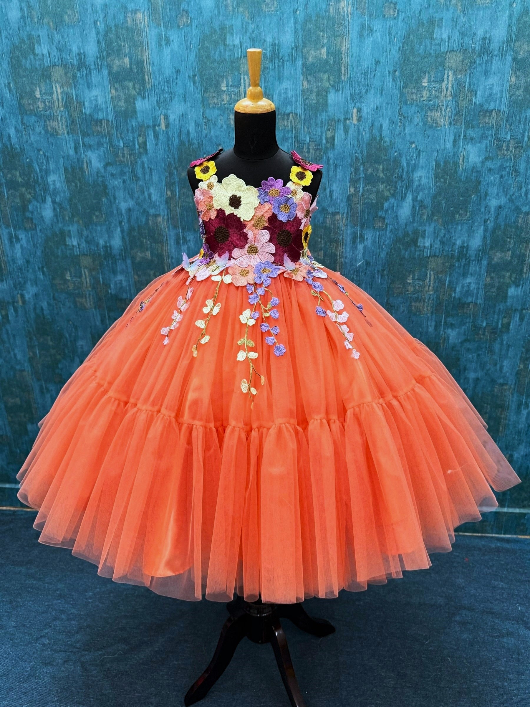 Peach Fairy Garden Floral Ball gown with 3d butterflies