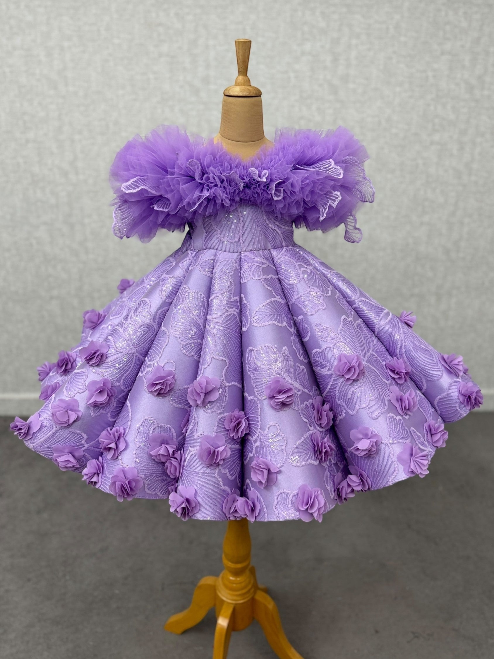 Lavender Structure Panel Off Shoulder Gown With 3D Flowers