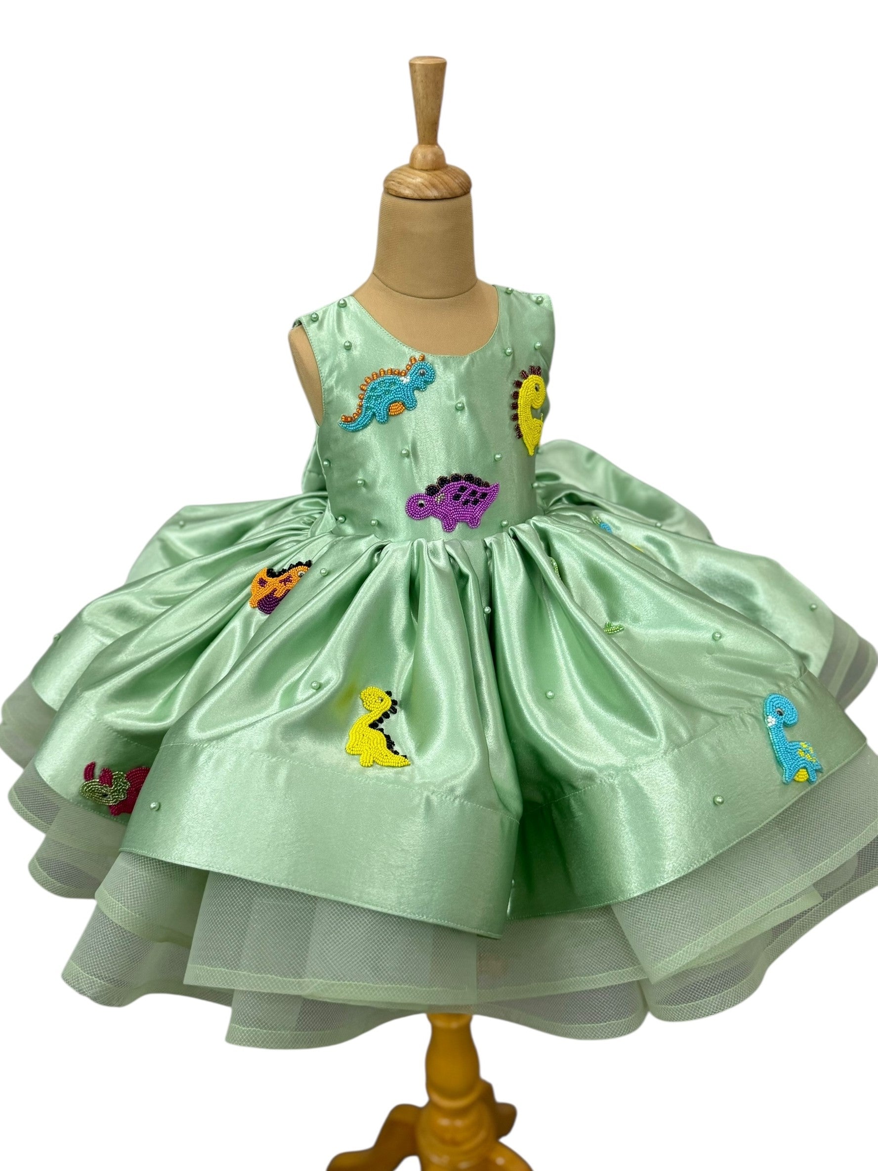 Green dino Themed Layered Satin Gown 6-7Y