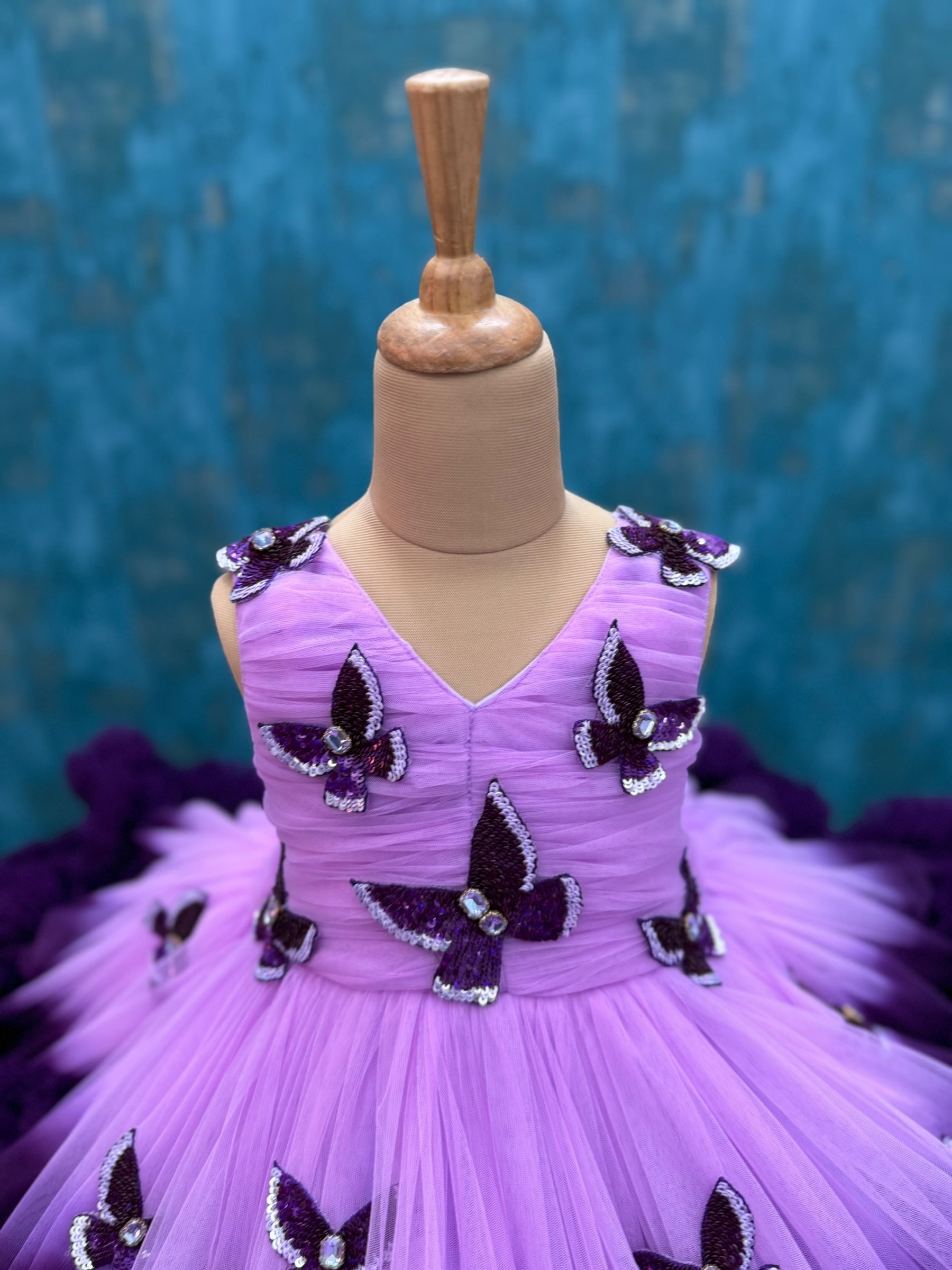 Lavender and purple double Shade couture gown with hand crafted Butterfly