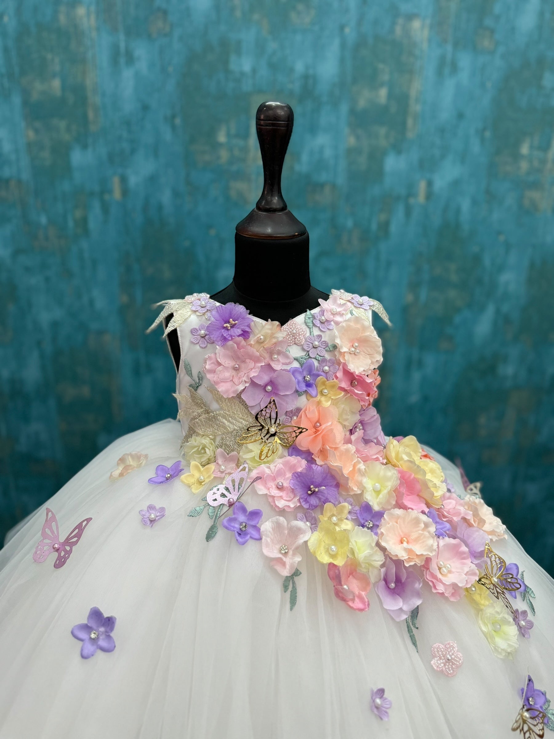 White 3D Ball Gown With Back Butterfly