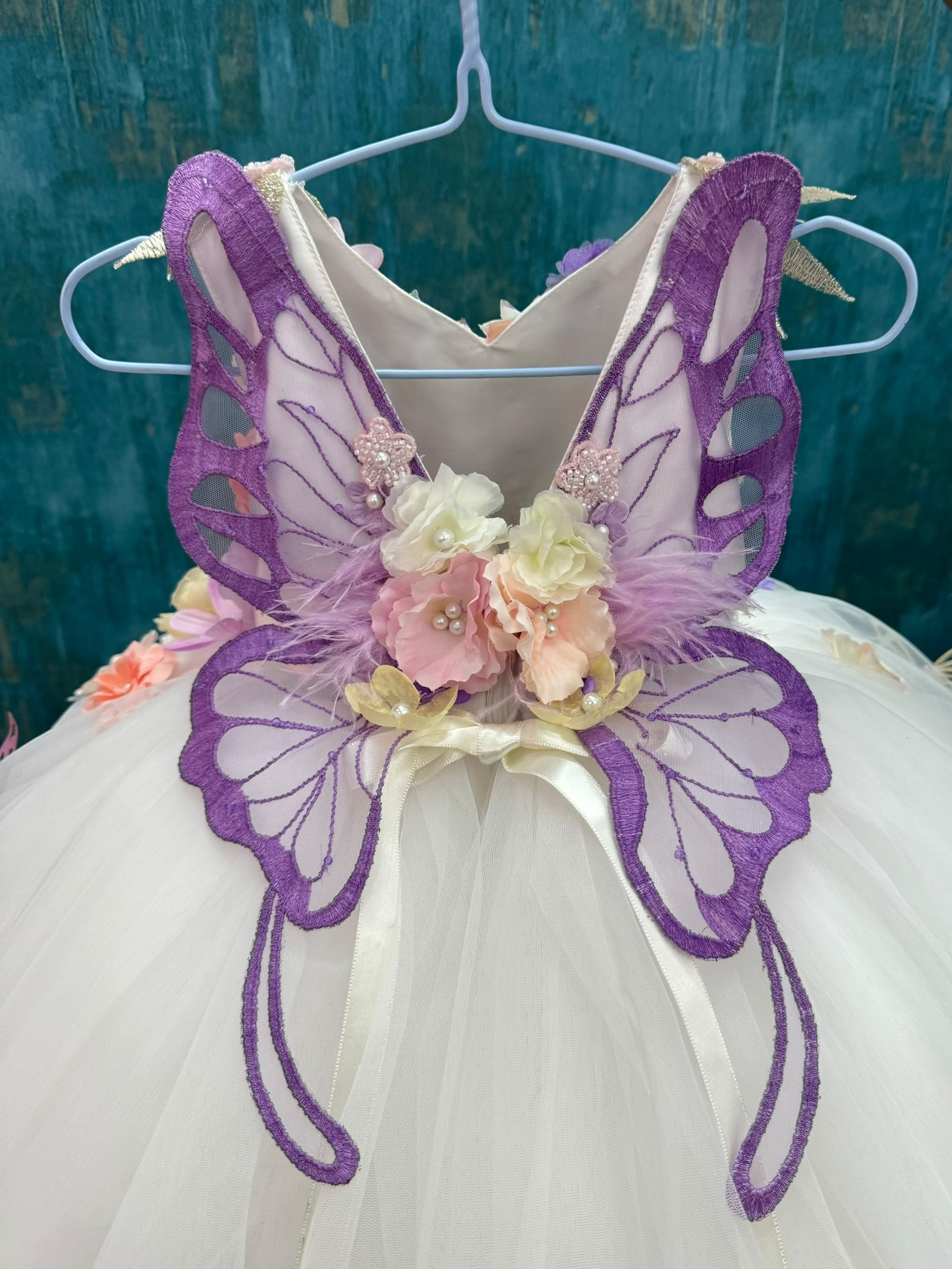 White 3D Ball Gown With Back Butterfly