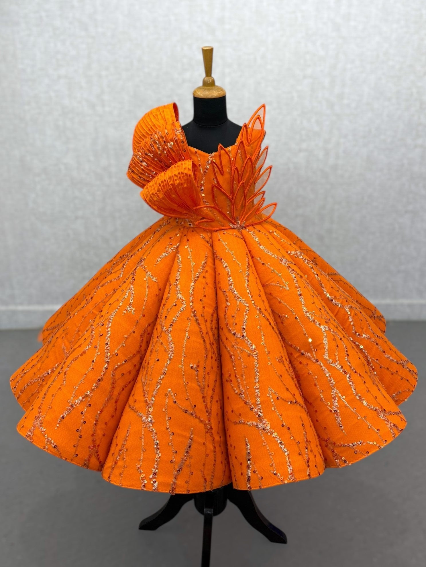 ORANGE Structured Panel Ball Gown with Embossing Bows and Hand Embroidered Petals