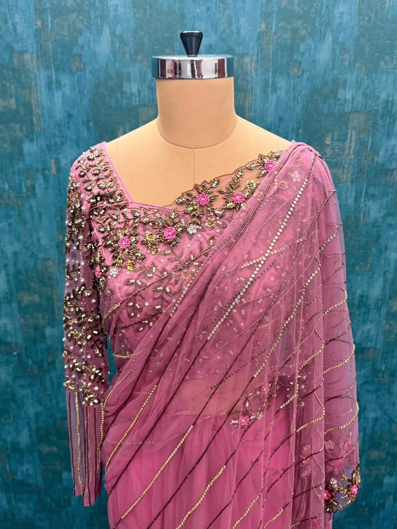 Plum pink Hand work Saree with Stitched blouse