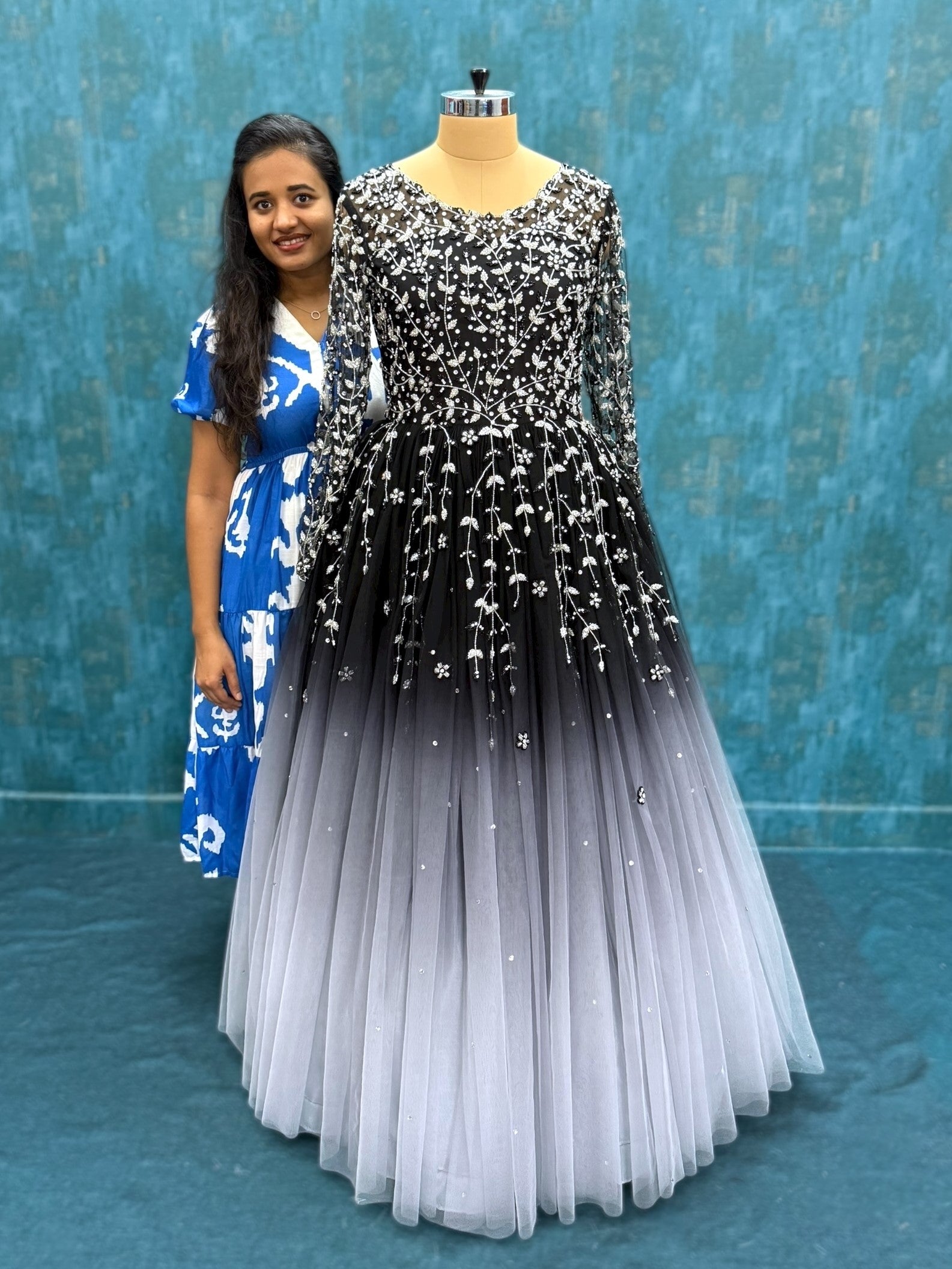 Black to grey gradient hand embroidered floral gown