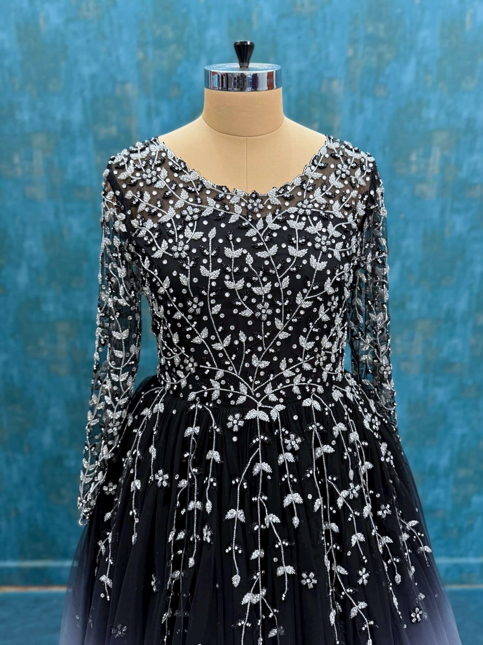 Black to grey gradient hand embroidered floral gown