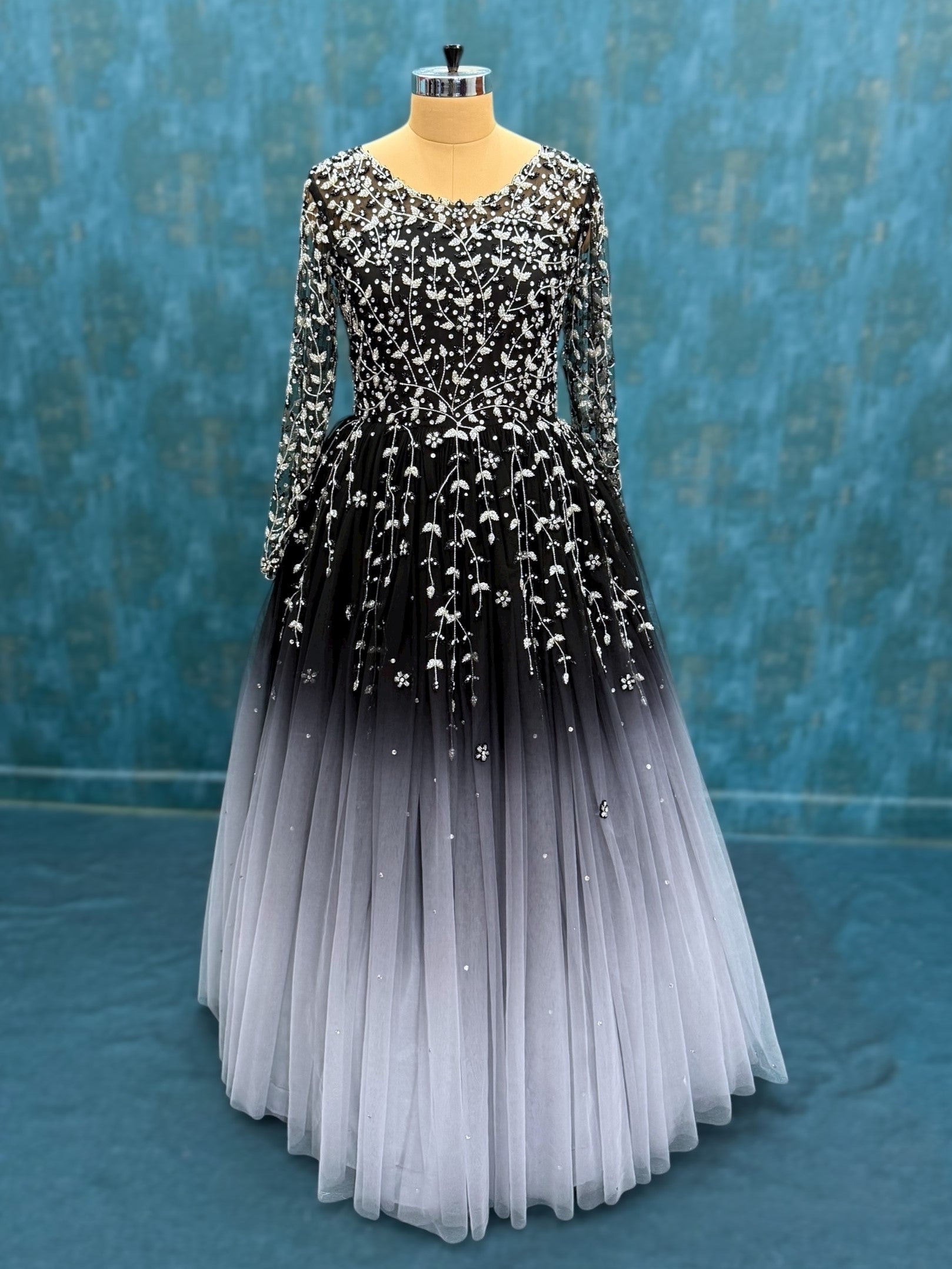 Black to grey gradient hand embroidered floral gown