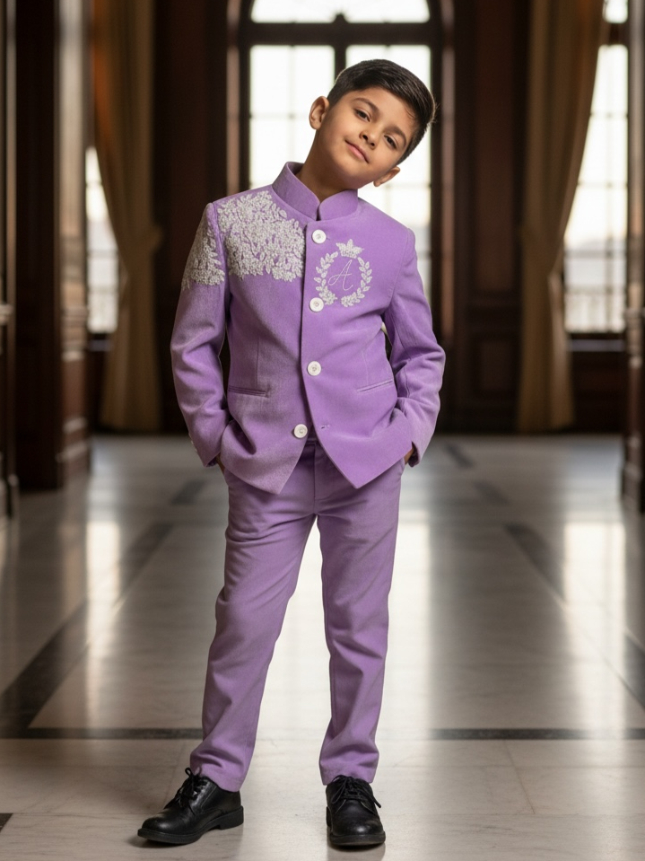 Royal Lavender Silk Touch Silver Crest Heritage Embroidered Prince Jacket