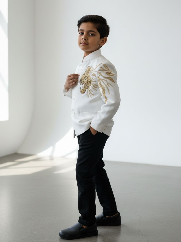 Pearl White Royal Touch Antique Gold Heritage Embroidered Prince Jacket