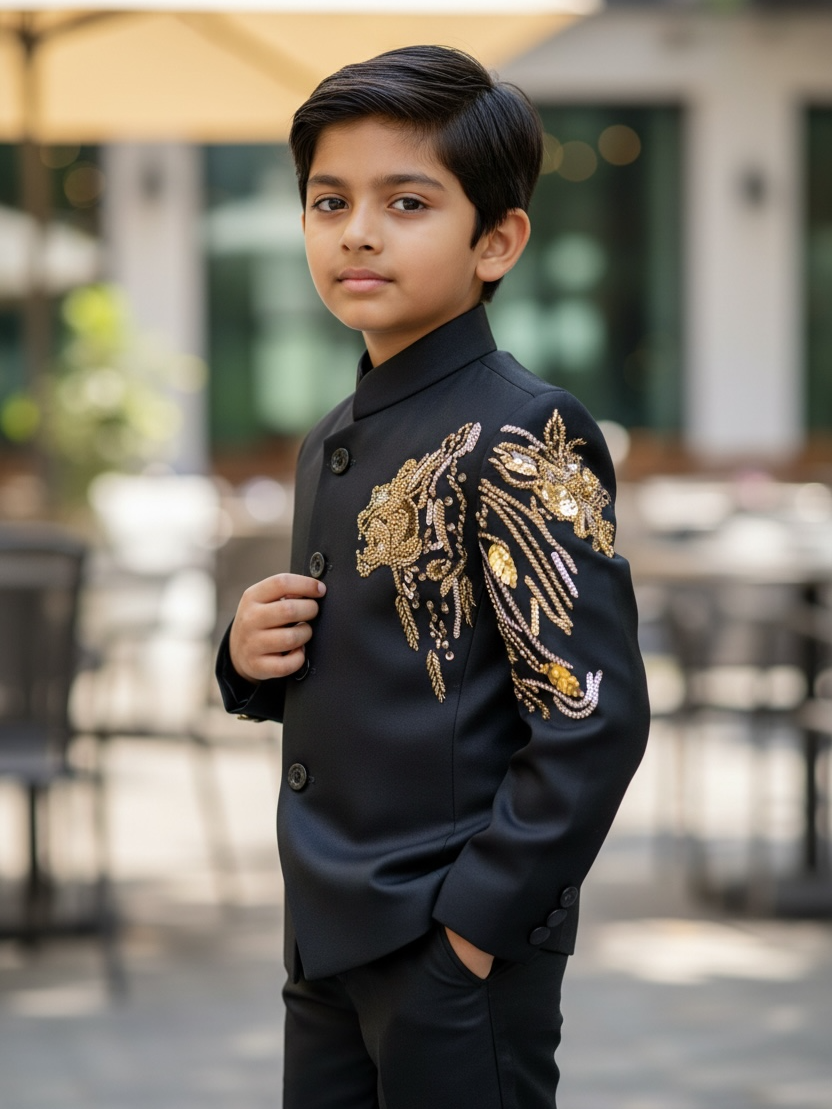 Onyx Black Couture Golden Phoenix Motif Prince Bandhgala Jacket
