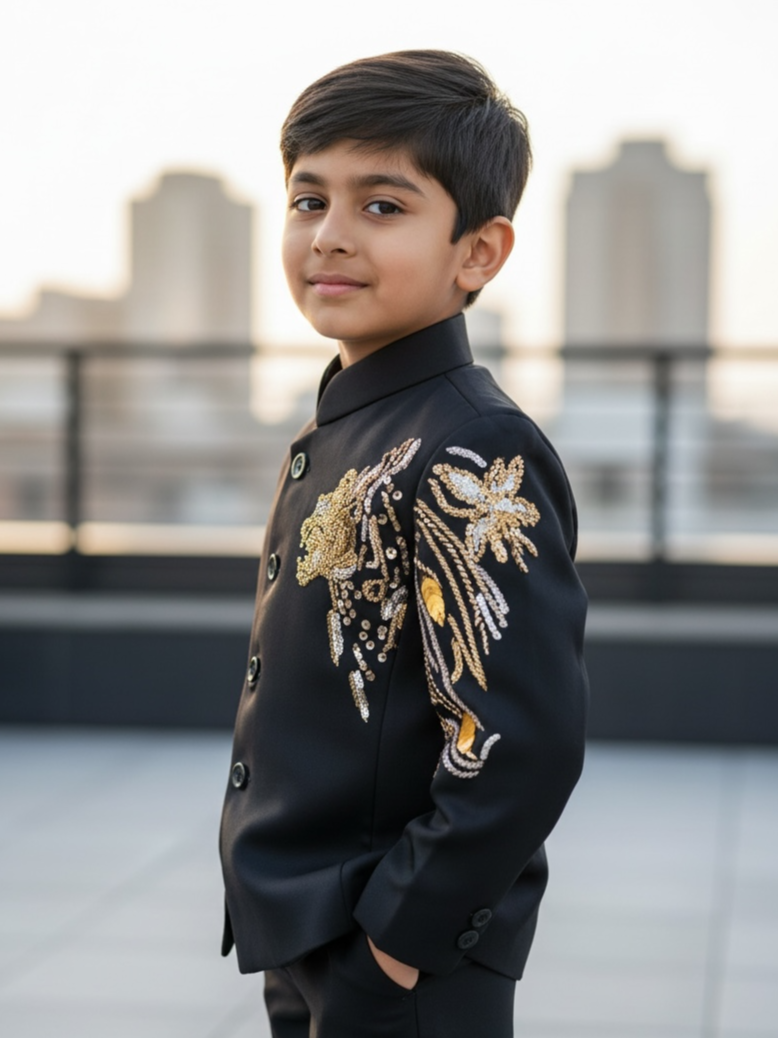 Onyx Black Couture Golden Phoenix Motif Prince Bandhgala Jacket