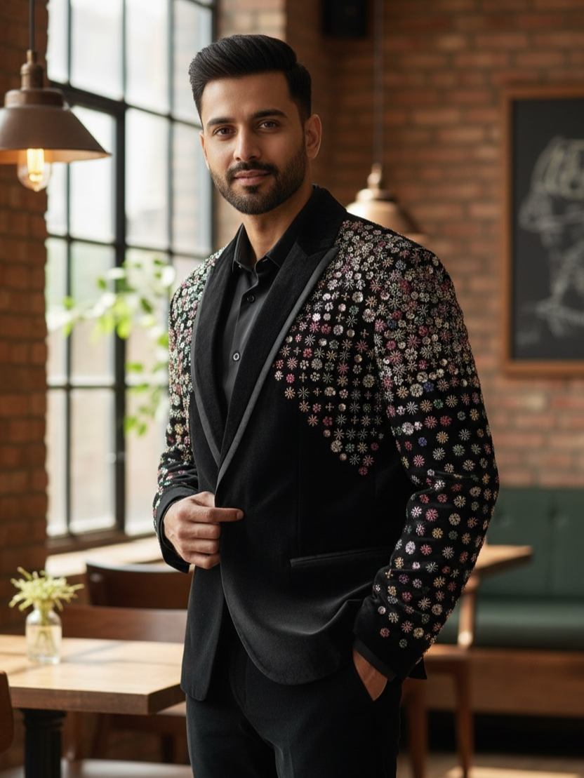 Eclipse Royale Black Velvet Multicolour Sequin Couture Blazer