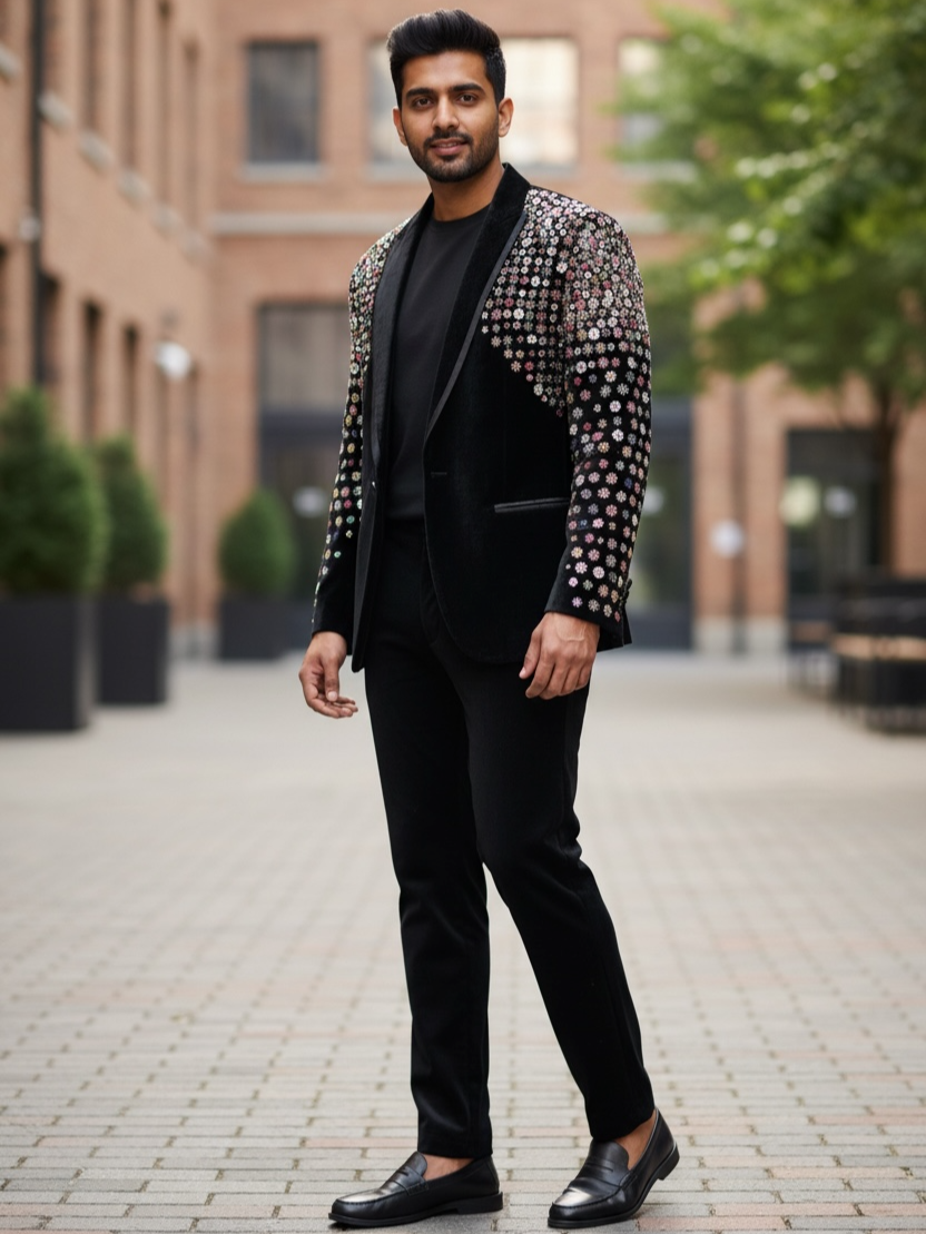 Eclipse Royale Black Velvet Multicolour Sequin Couture Blazer