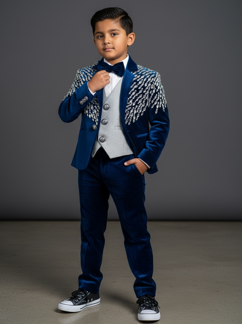 Deep Blue Velvet Crystal Cascade Designer Evening Blazer Suit