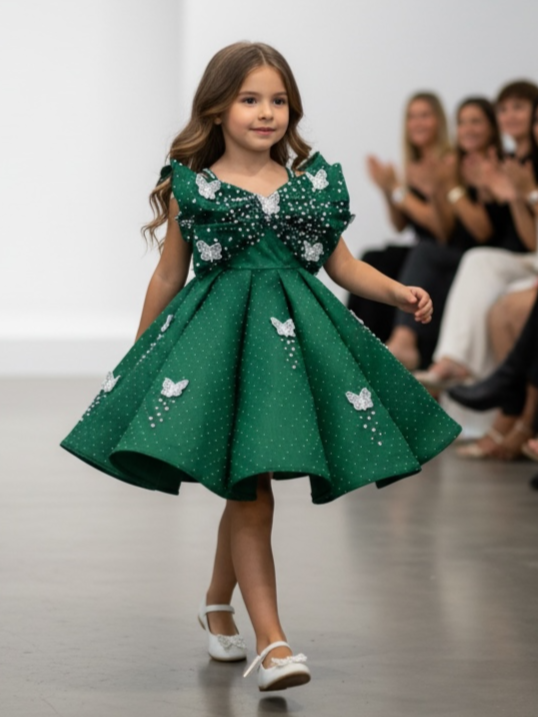 Royal Green Butterfly Pearl-Studded Silk-Textured Party Princess Ball Gown