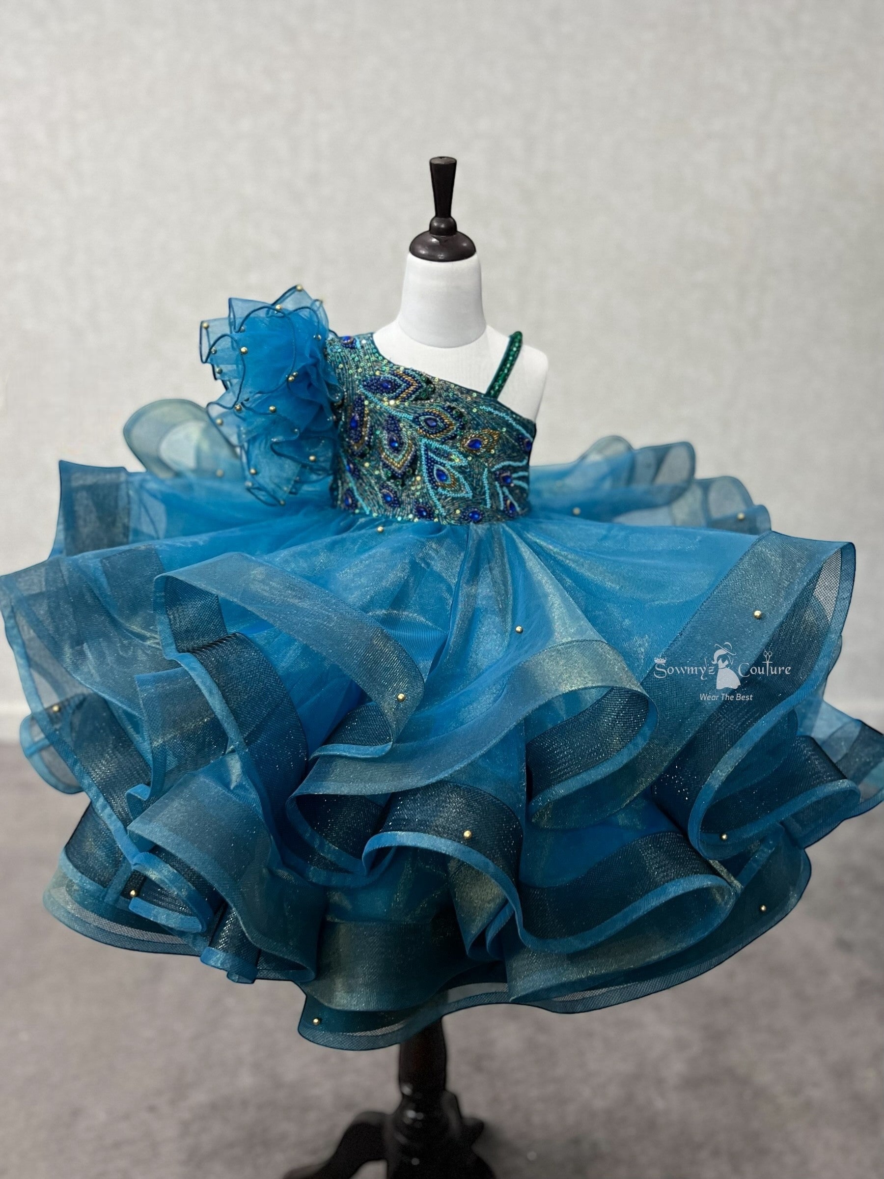 Oceanic Peacock Jewel One-Shoulder Ruffle Princess Designer Dress