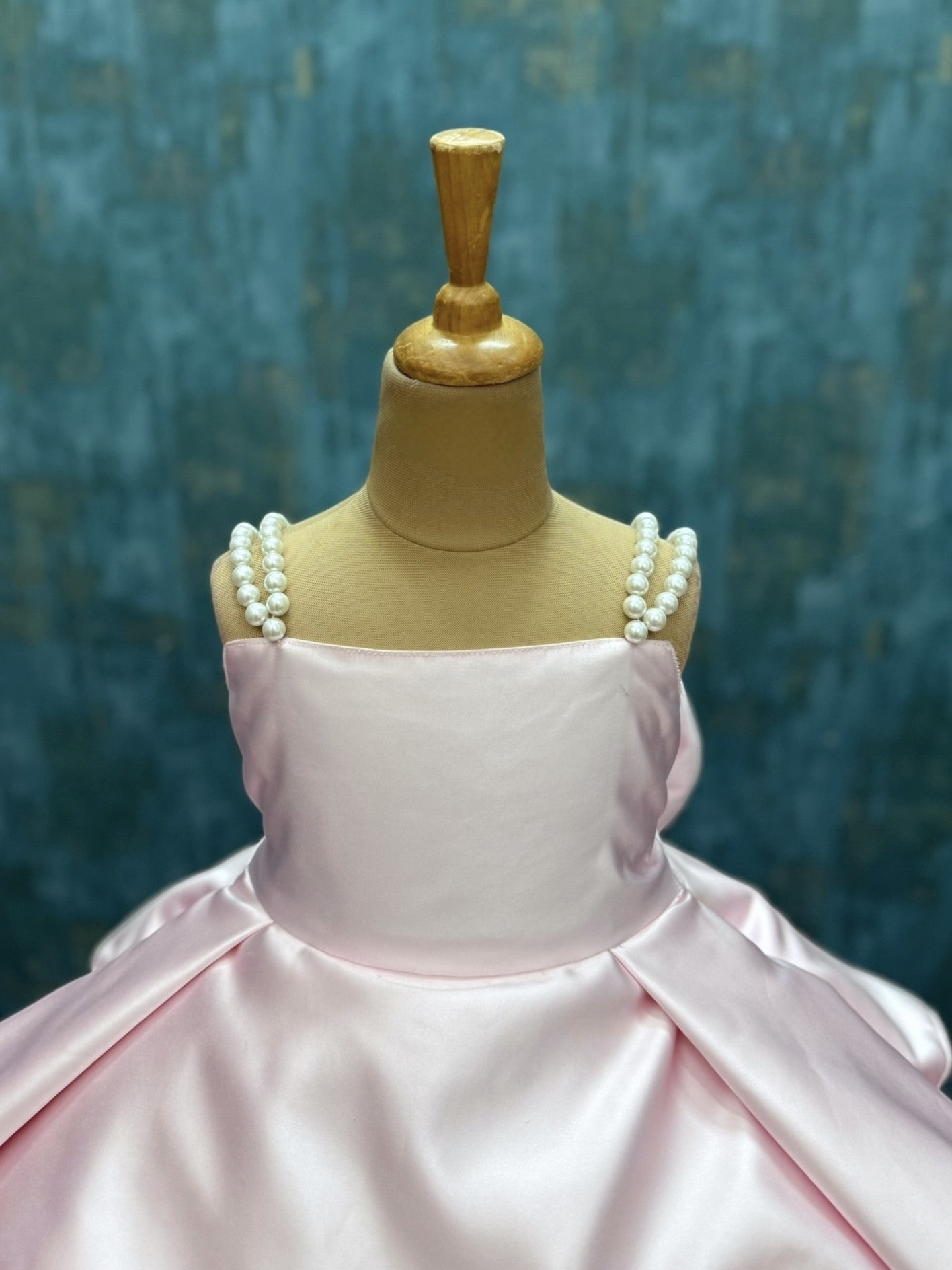Princess-Style Pink Rose Embellished Special Occasion Dress with Double Pearl Shoulder Straps