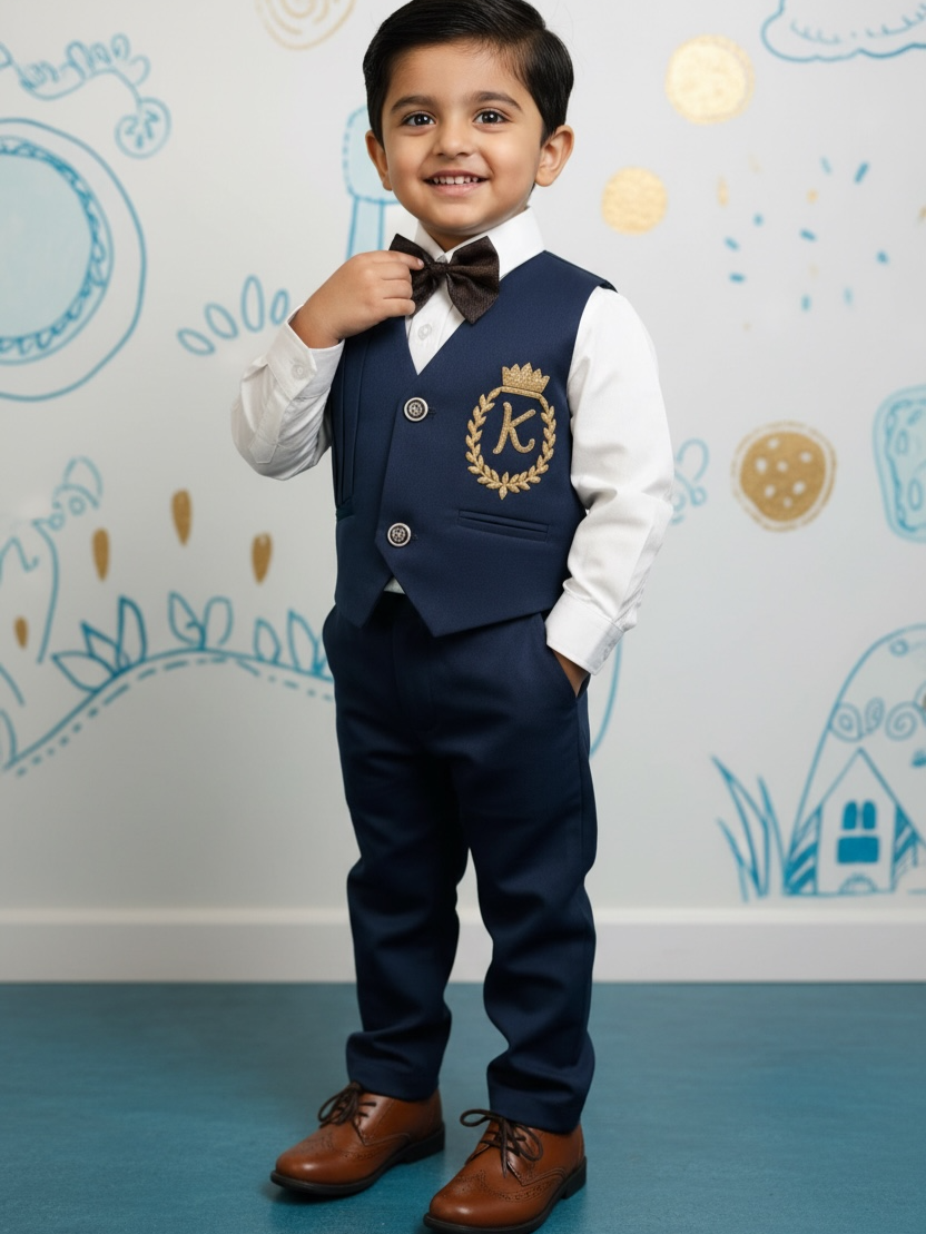 Blue waist Coat With Pleats Detailing comes with Pant, Shirt and Bow