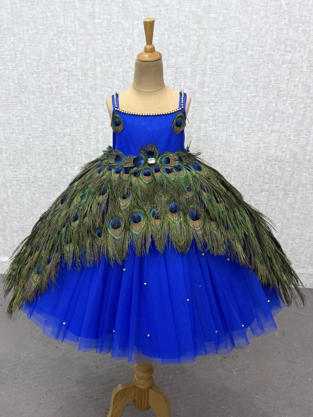 Peacock Dress for Girl Baby Online, Royal Blue Peacock Feather Ball Gown