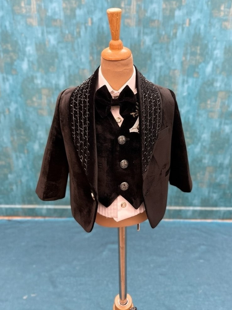 Royal Black Velvet Hand-Embroidered Blazer with Your Little One’s Name