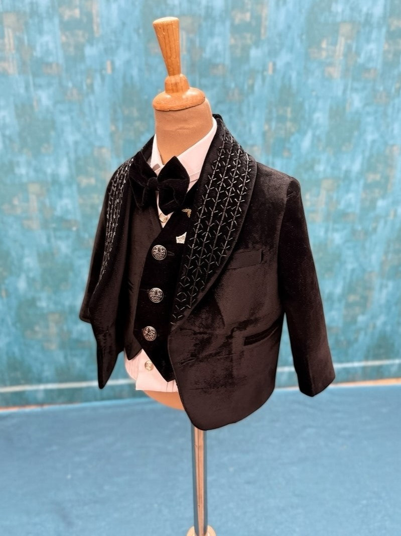Royal Black Velvet Hand-Embroidered Blazer with Your Little One’s Name