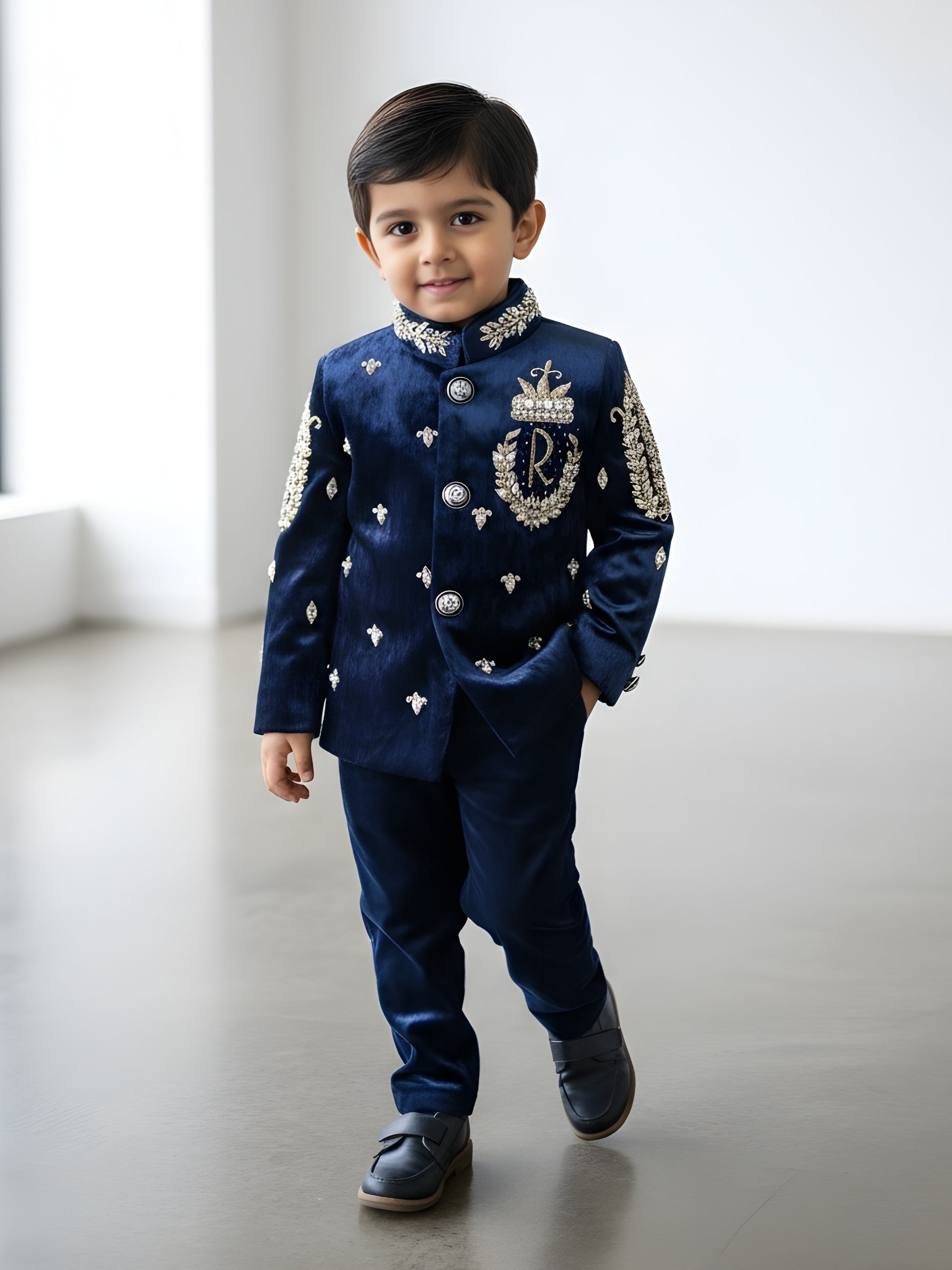 Navy blue Velvet Jodhpuri Style Gold Embroidered set with Pant