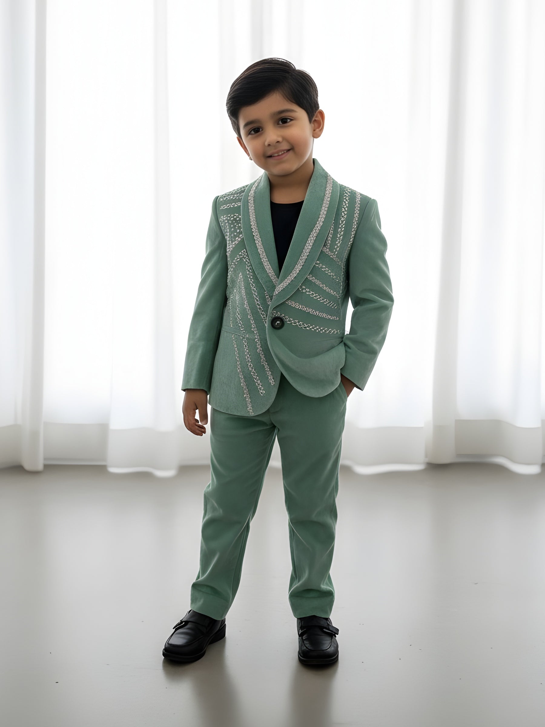 Teal Color Silver Embroidered Blazer with Pant and Shirt