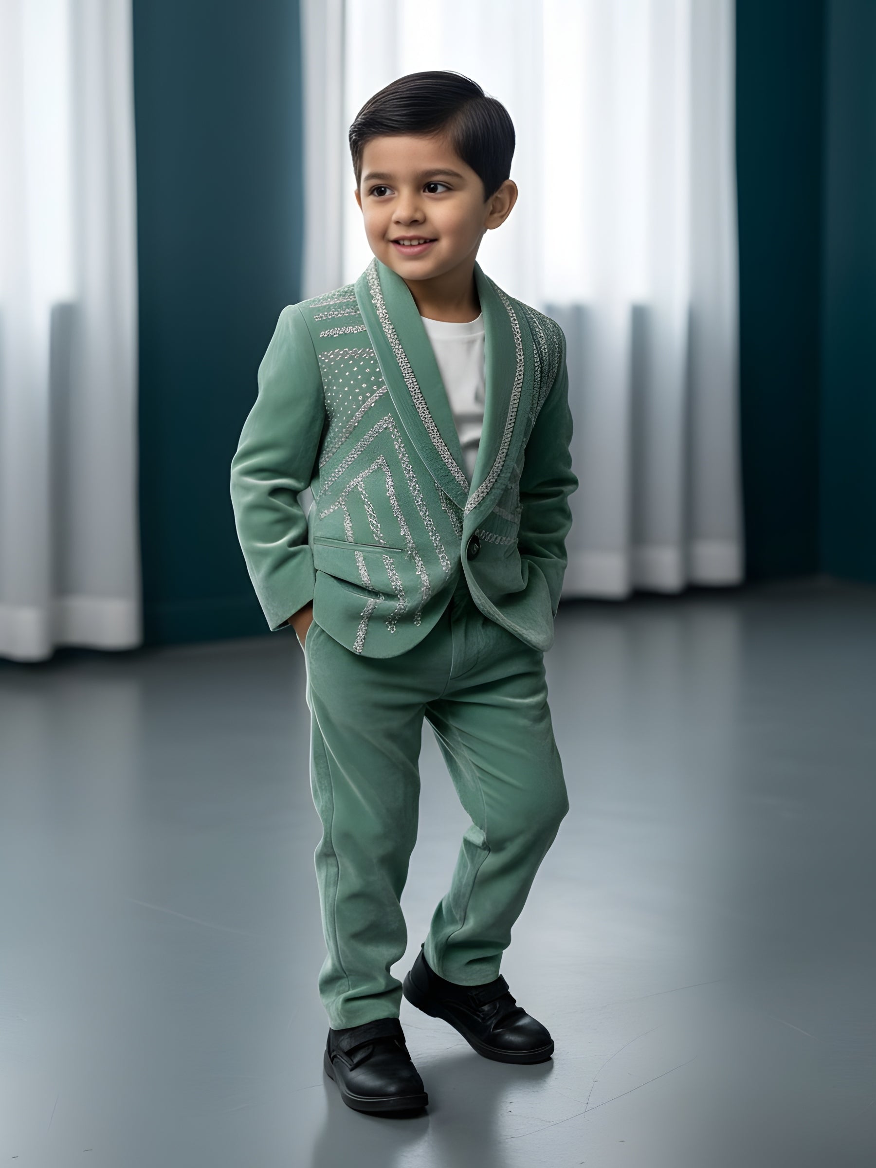 Teal Color Silver Embroidered Blazer with Pant and Shirt