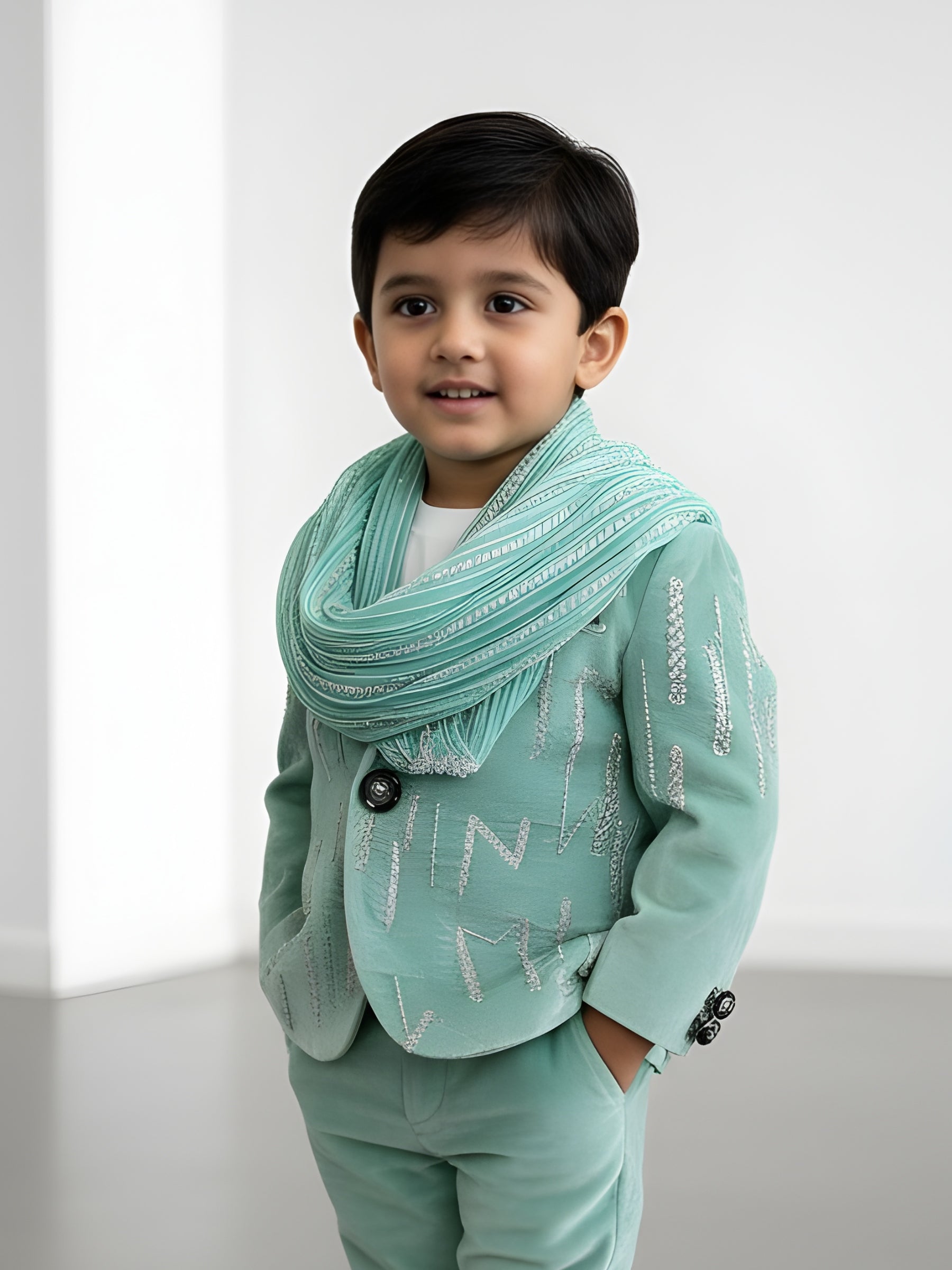 Teal Structured Shawl Patterned Hand Embroidered Blazer with Pant and Shirt